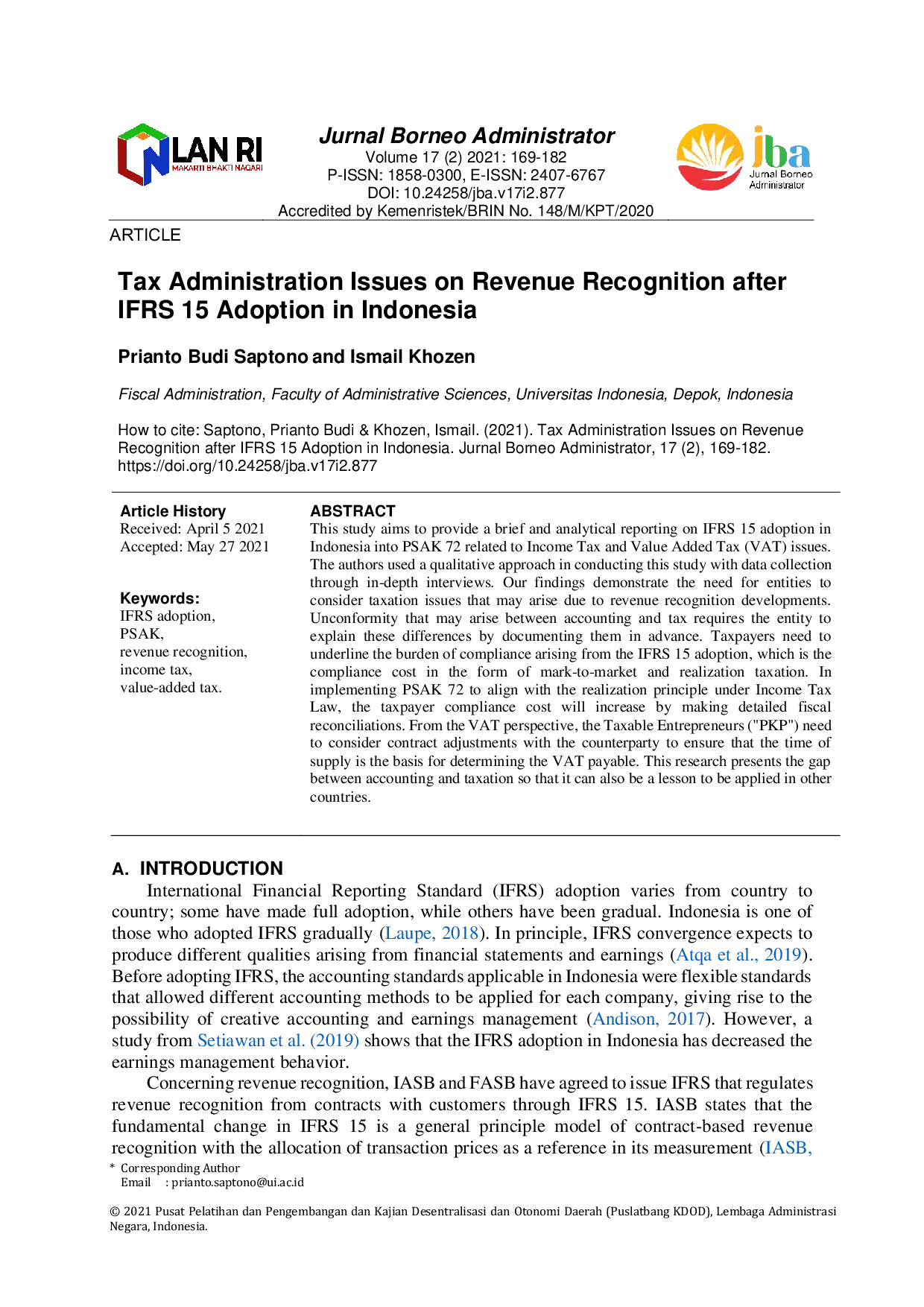 JURIS Tax Administration Issues on Revenue Recognition after IFRS 15 Adoption in Indonesia