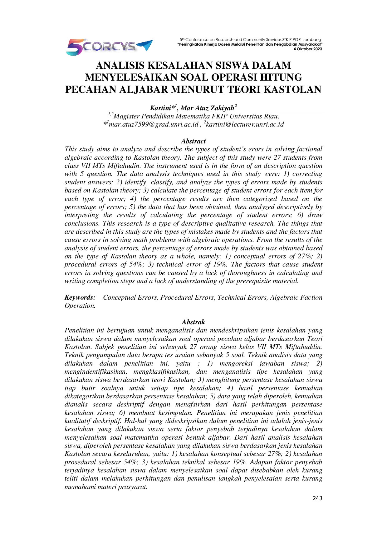 JURIS Analisis Kesalahan Siswa Dalam Menyelesaikan Soal Operasi Hitung Pecahan Aljabar Menurut Teori Kastolan