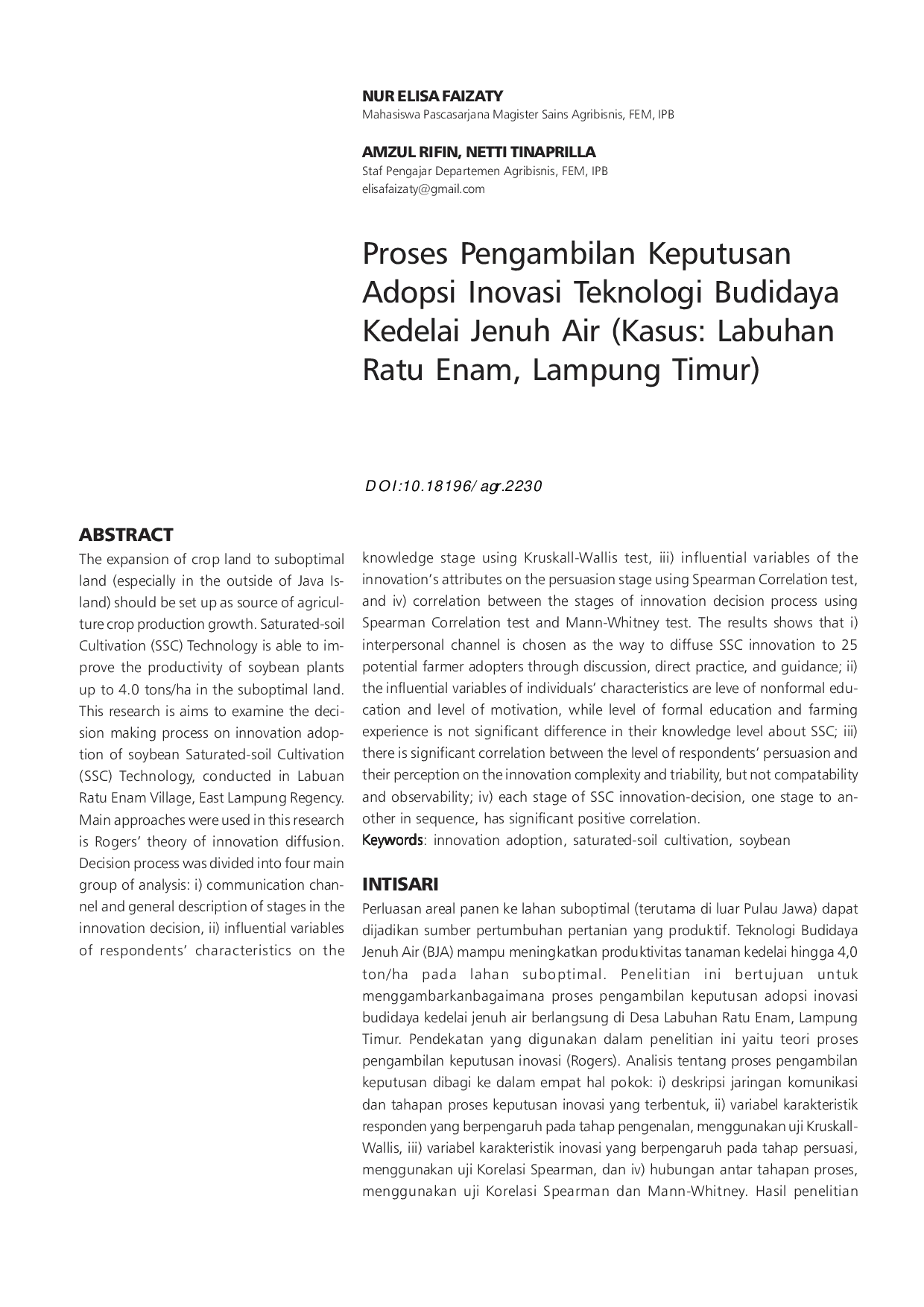 JURIS Proses Pengambilan Keputusan Adopsi Inovasi Teknologi Budidaya Kedelai Jenuh Air Kasus Labuhan Ratu Enam Lampung Timur