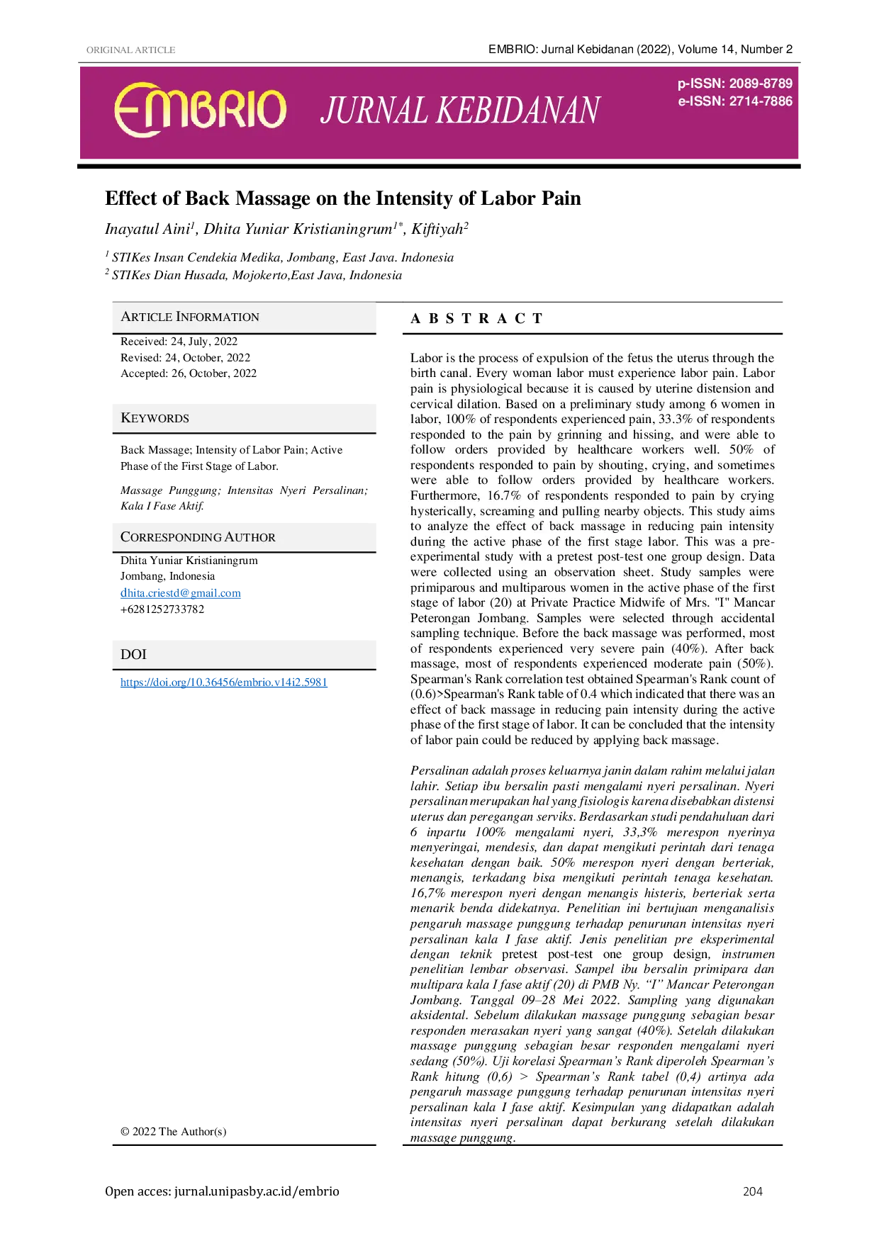 JURIS Effect of Back Massage on the Intensity of Labor Pain