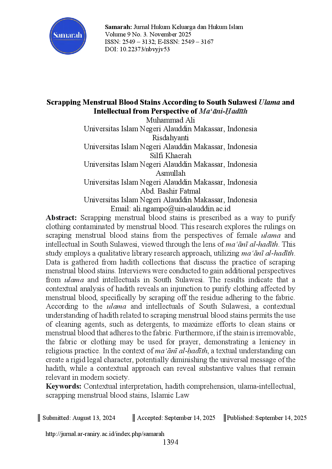 juris Scrapping Menstrual Blood Stains According to South Sulawesi Ulama and Intellectual from Perspective of Ma Ani adth