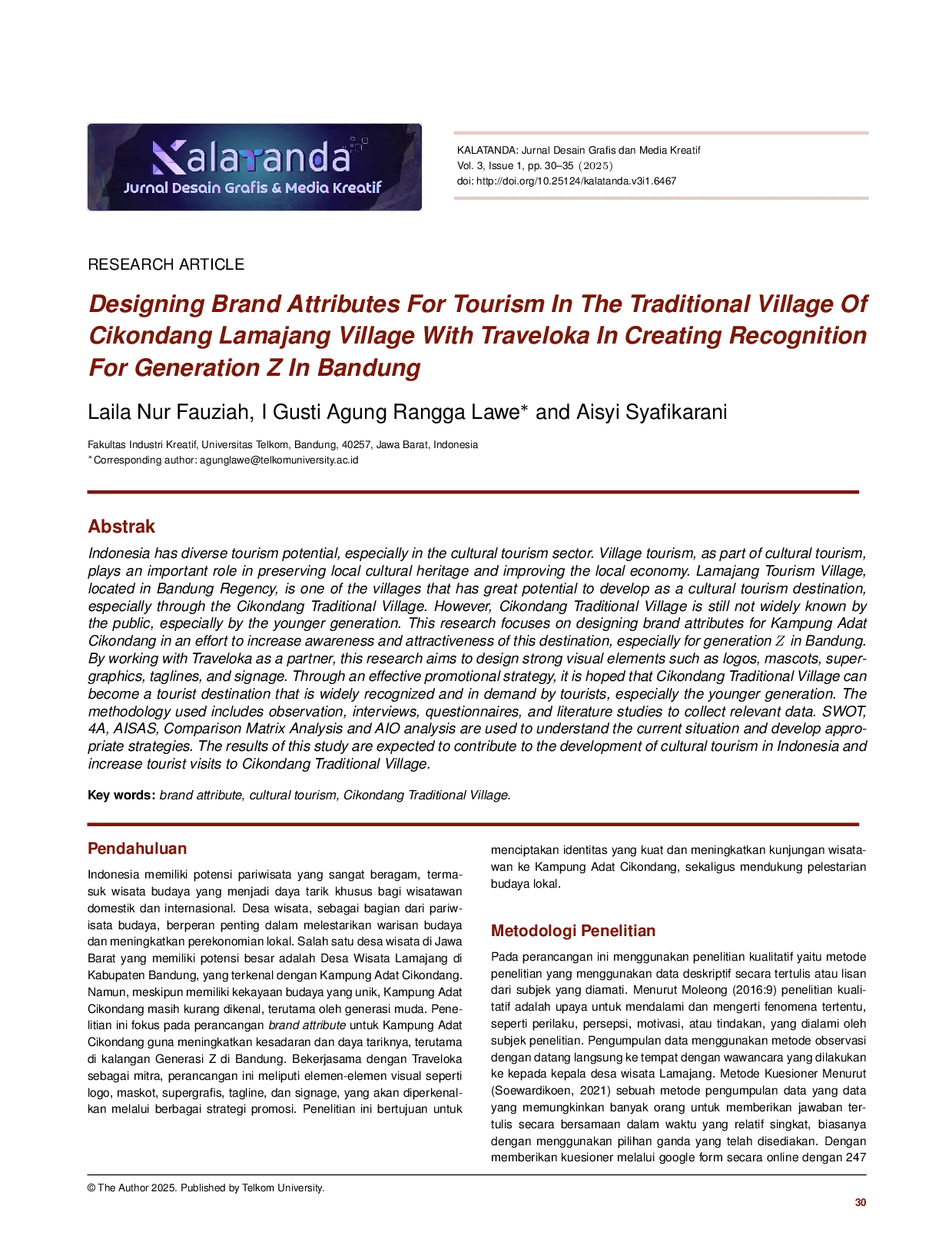 JURIS Perancangan Brand Attribute Wisata Kampung Adat Cikondang Desa Lamajang bersama Traveloka dalam Menciptakan Recognition pada Generasi Z di Bandung
