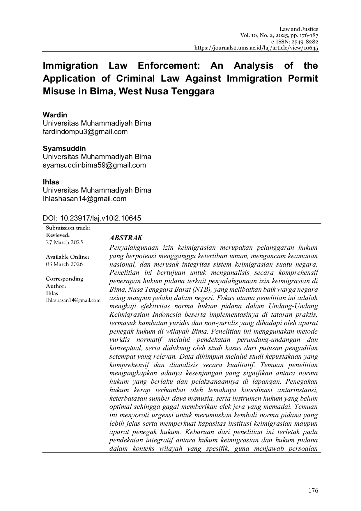 JURIS Immigration Law Analysis Of The Application Of Criminal Law Towards Immigration Permit Abuse In Bima NTB