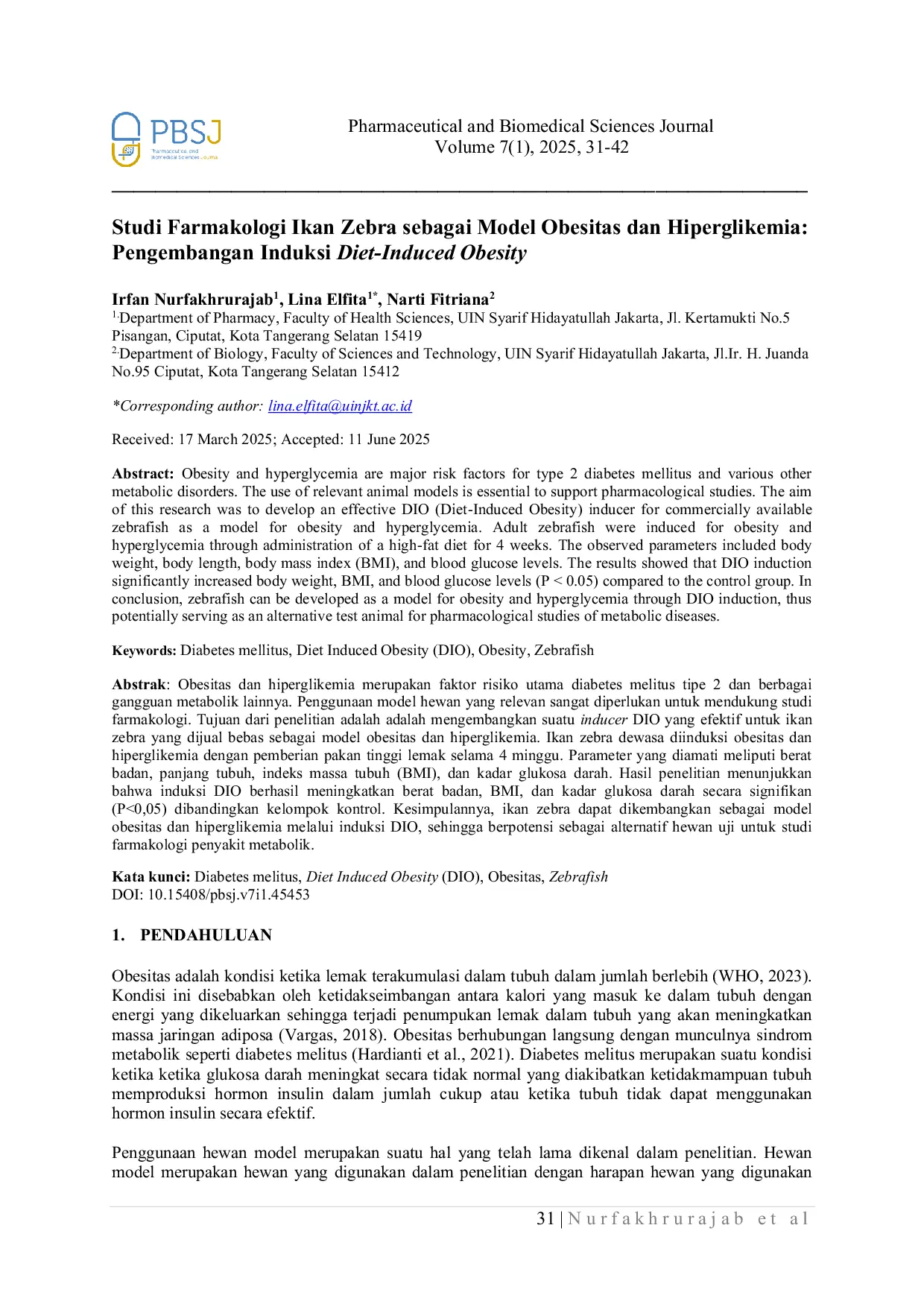 JURIS Studi Farmakologi Ikan Zebra sebagai Model Obesitas dan Hiperglikemia Pengembangan Induksi Diet Induced Obesity