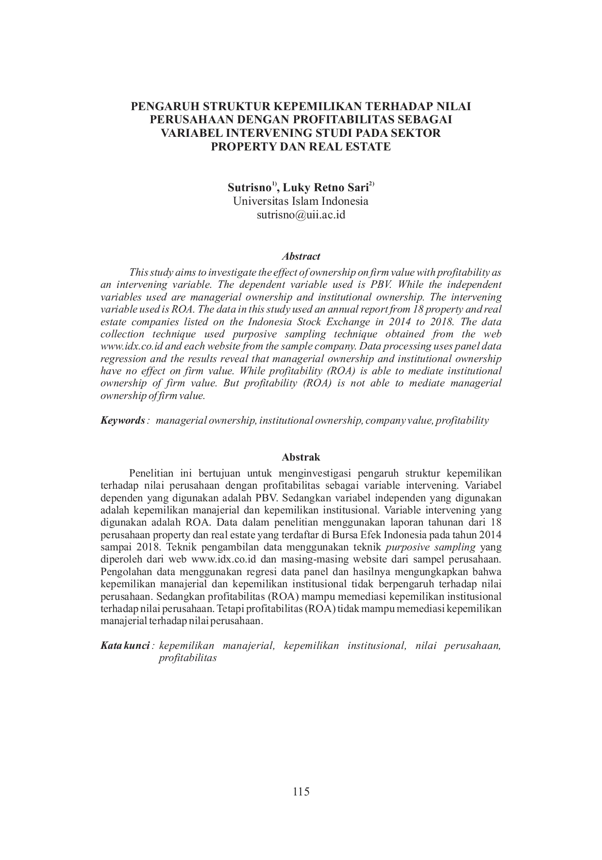 JURIS Pengaruh Struktur Kepemilikan Terhadap Nilai Perusahaan Dengan Profitabilitas Sebagai Variabel Intervening Studi Pada Sektor Property dan Real Estate