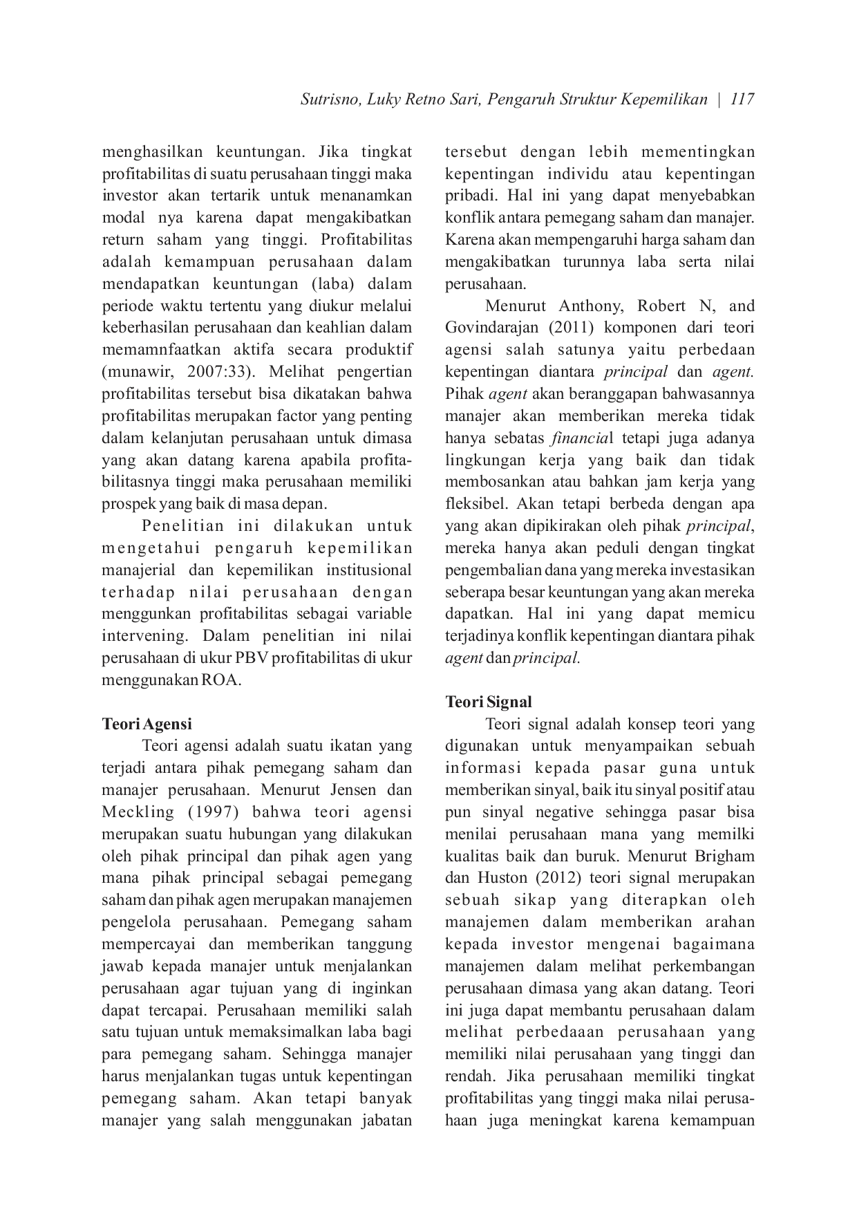 JURIS Pengaruh Struktur Kepemilikan Terhadap Nilai Perusahaan Dengan Profitabilitas Sebagai Variabel Intervening Studi Pada Sektor Property dan Real Estate