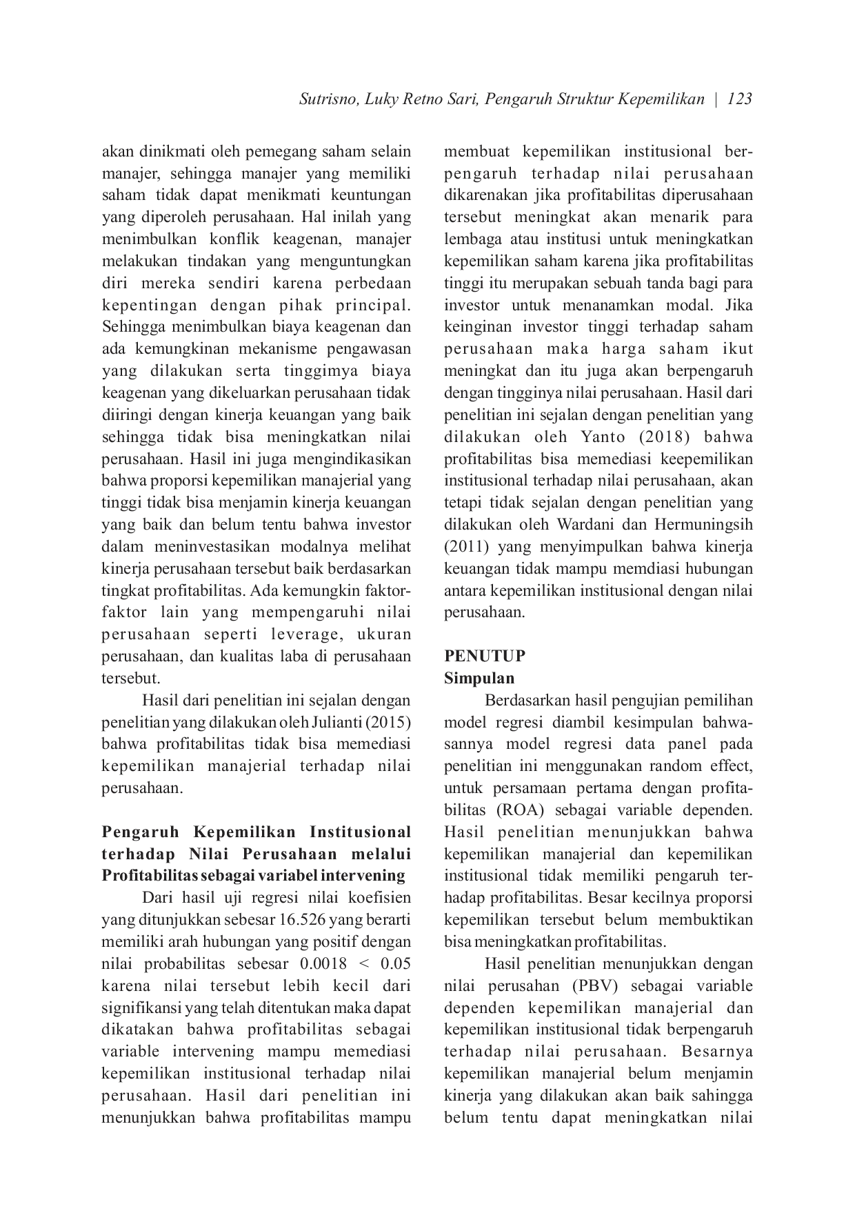 JURIS Pengaruh Struktur Kepemilikan Terhadap Nilai Perusahaan Dengan Profitabilitas Sebagai Variabel Intervening Studi Pada Sektor Property dan Real Estate
