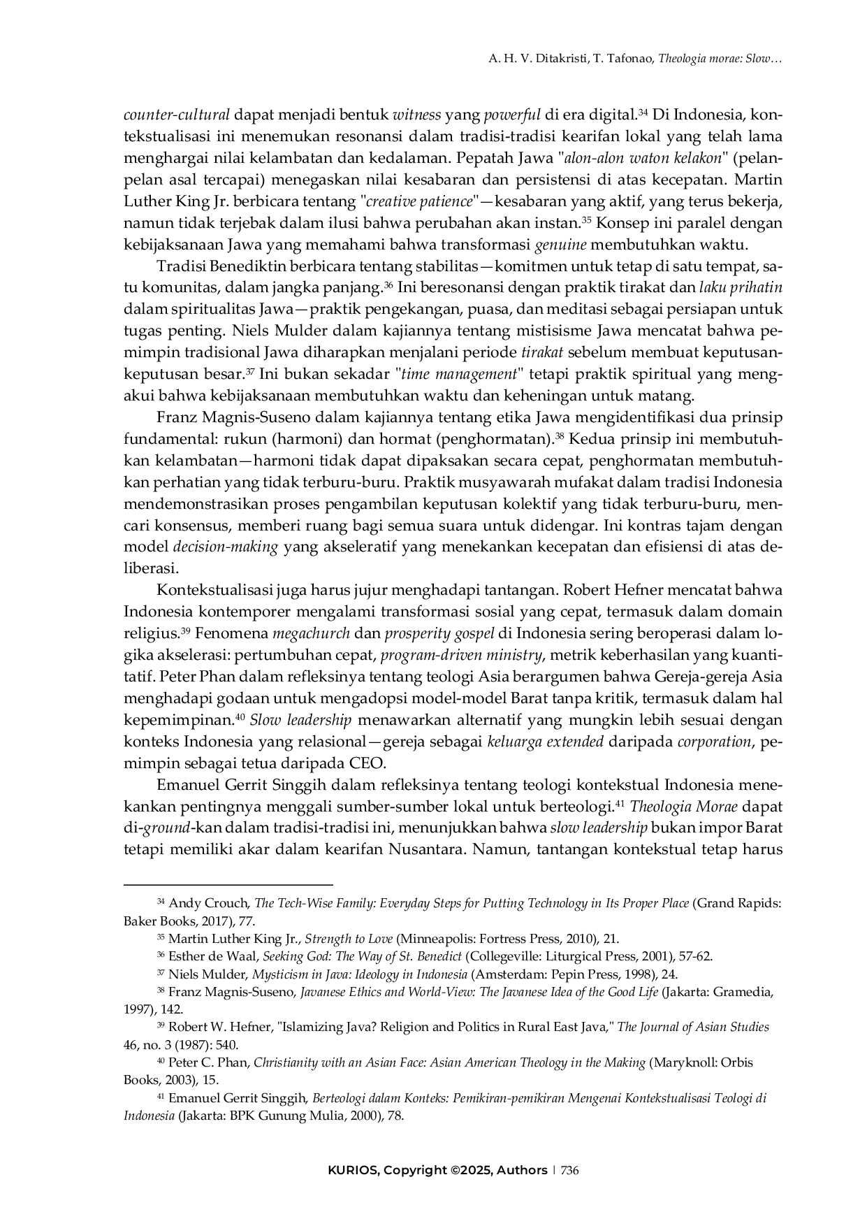 JURIS Theologia morae Slow leadership sebagai spiritualitas kepemimpinan Kristiani transformatif di era akselerasi disruptif
