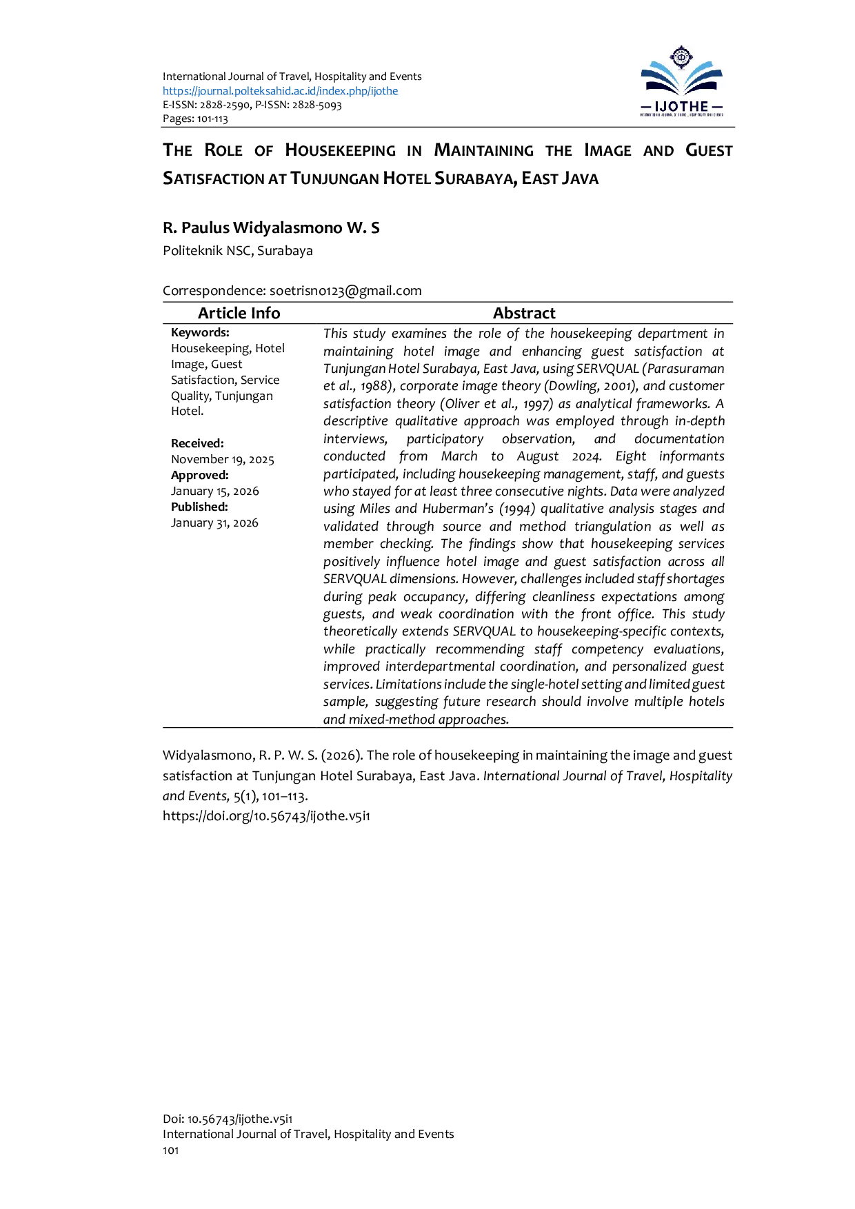 JURIS The Role of Housekeeping in Maintaining the Image and Guest Satisfaction at Tunjungan Hotel Surabaya East Java