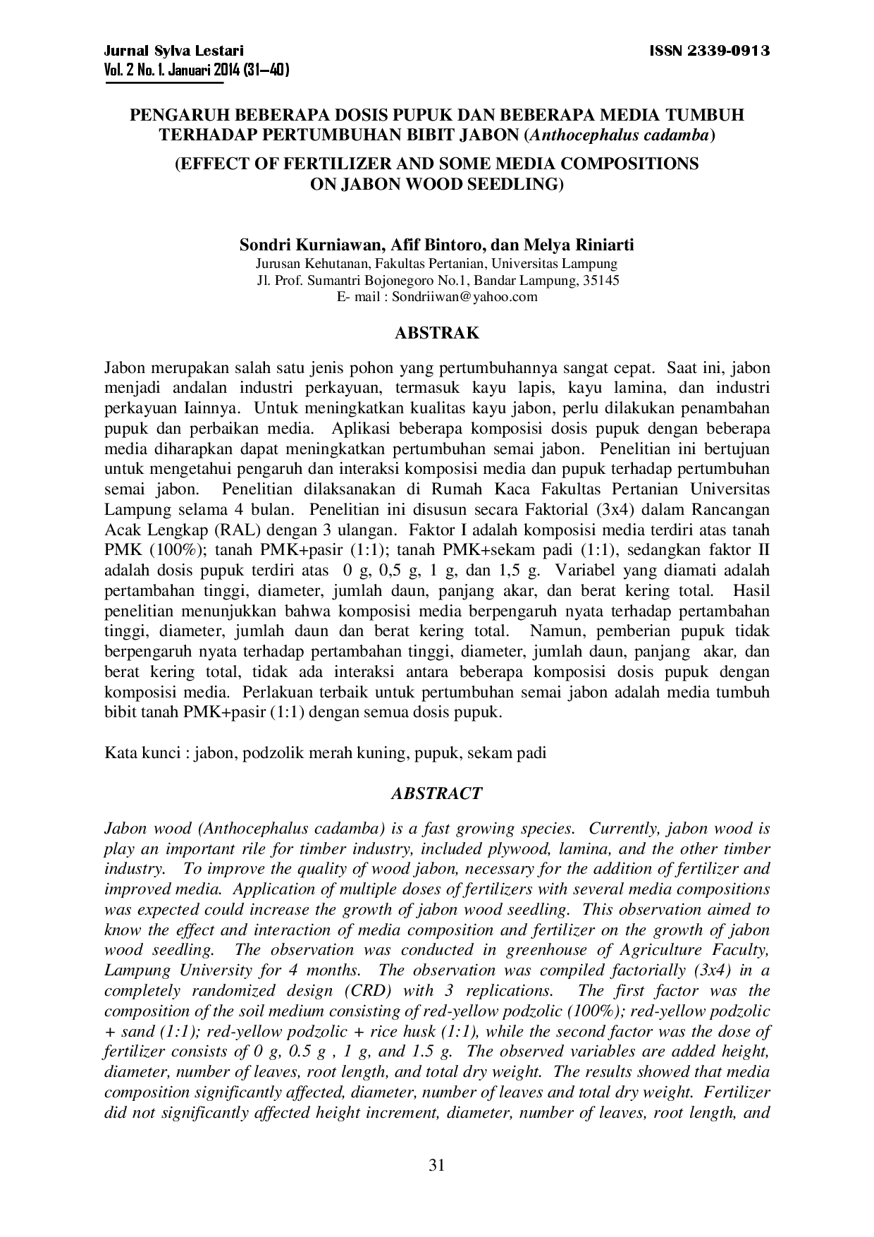 juris Pengaruh Beberapa Dosis Pupuk Dan Beberapa Media Tumbuh Terhadap Pertumbuhan Bibit Jabon Anthocephalus Cadamba