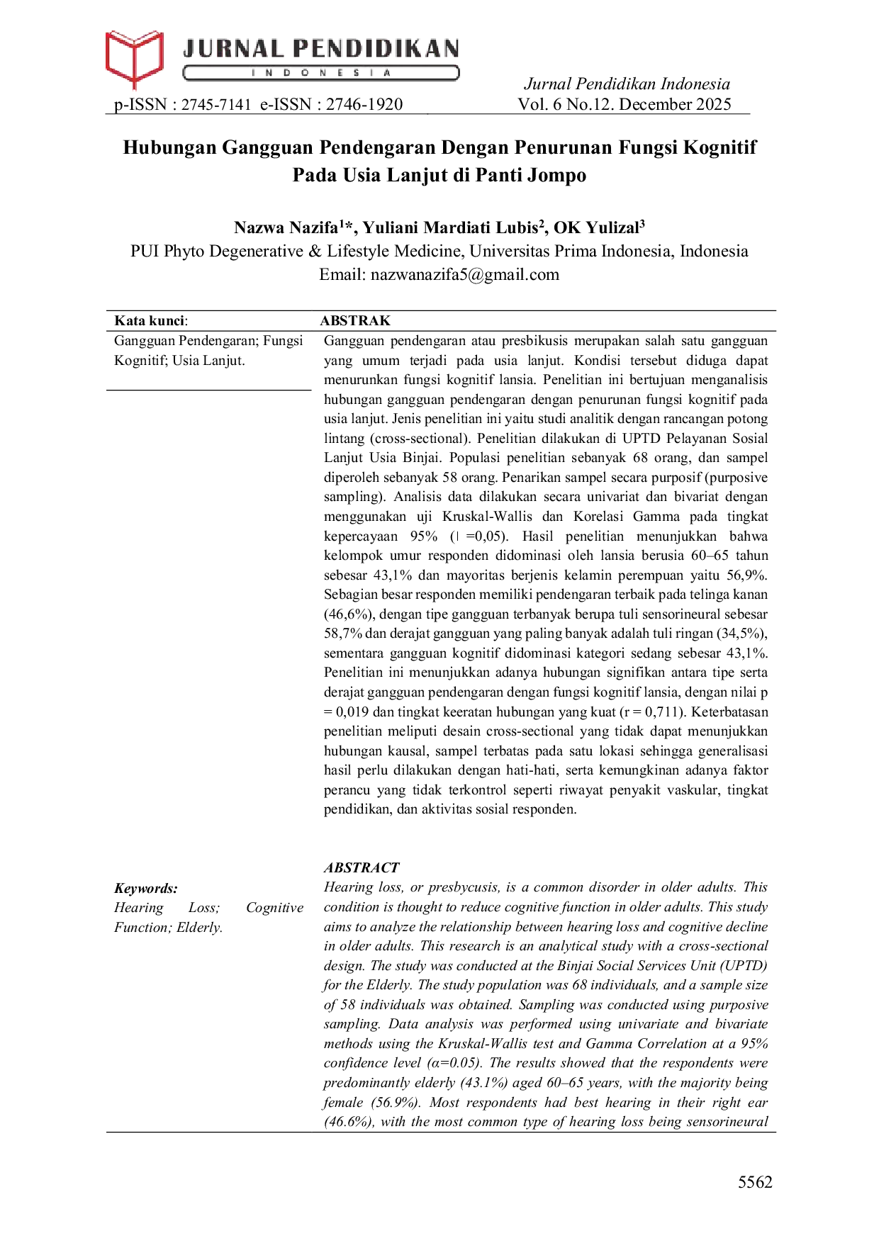 JURIS Hubungan Gangguan Pendengaran Dengan Penurunan Fungsi Kognitif Pada Usia Lanjut di Panti Jompo