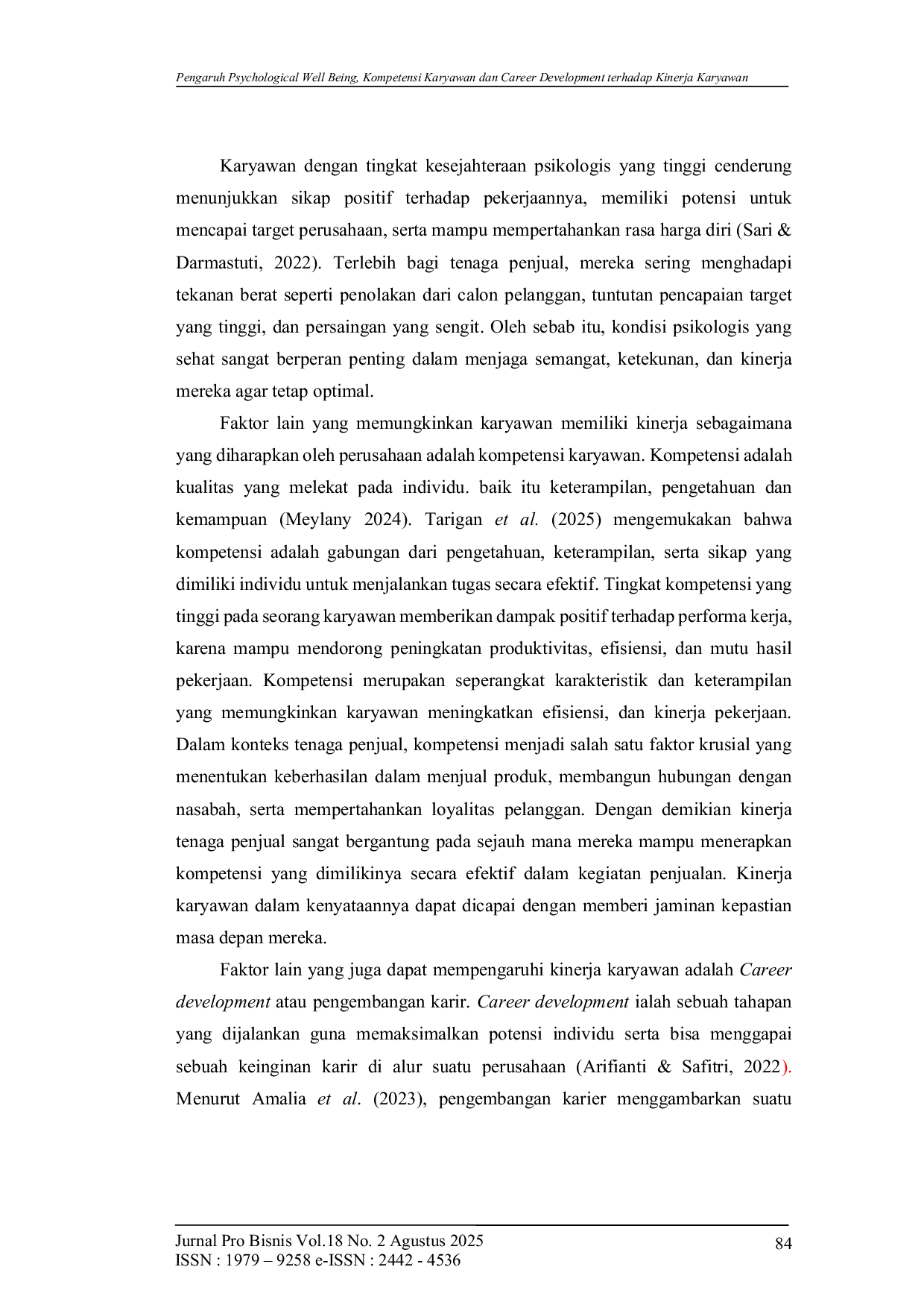 JURIS Pengaruh psychological Wellbeing Kompetensi dan Development Career terhadap Kinerja Karyawan