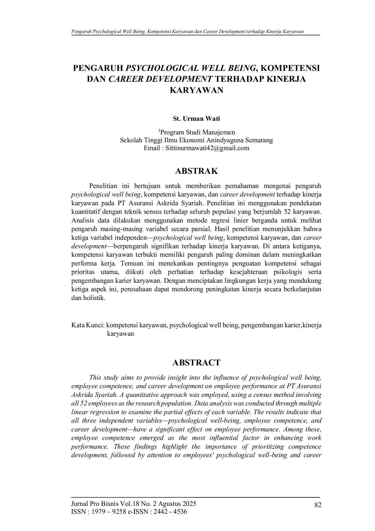 JURIS Pengaruh psychological Wellbeing Kompetensi dan Development Career terhadap Kinerja Karyawan