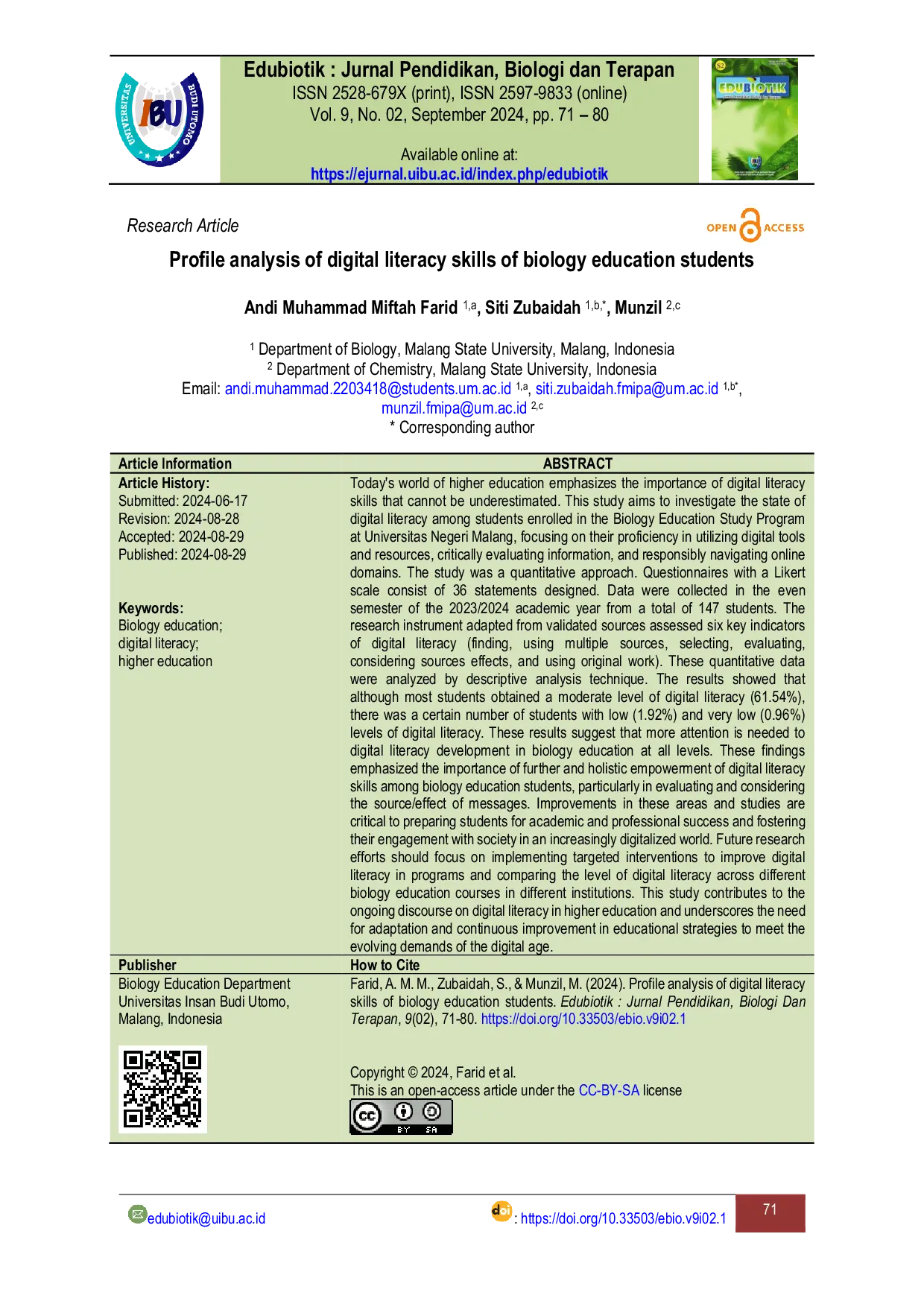 JURIS Profile analysis of digital literacy skills of biology education students