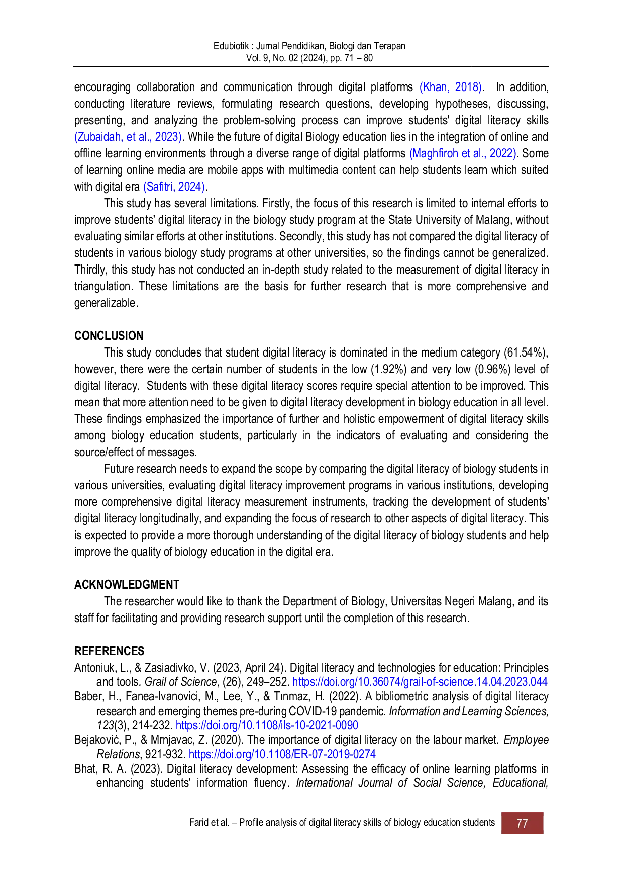 JURIS Profile analysis of digital literacy skills of biology education students