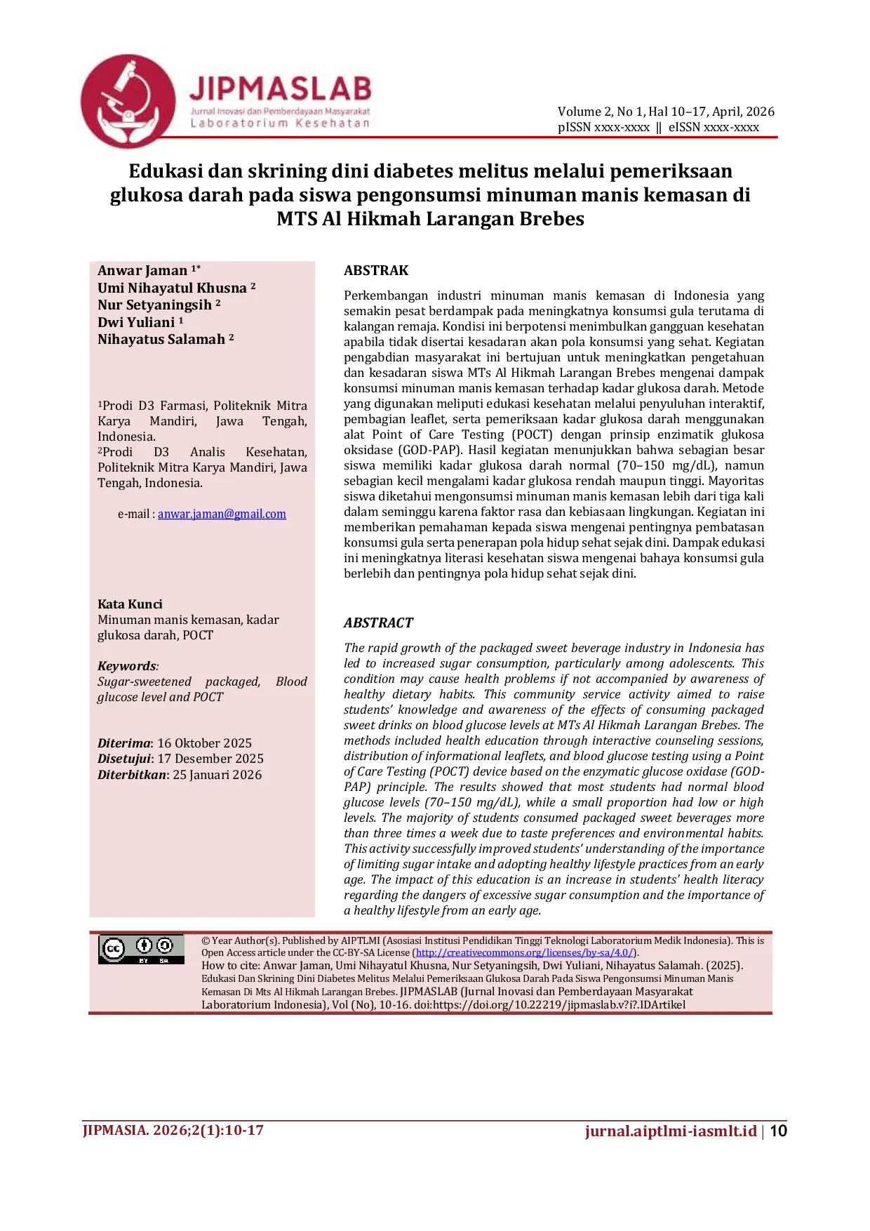 JURIS Edukasi dan skrining dini diabetes melitus melalui pemeriksaan glukosa darah pada siswa pengonsumsi minuman manis kemasan di MTS Al Hikmah Larangan Brebes