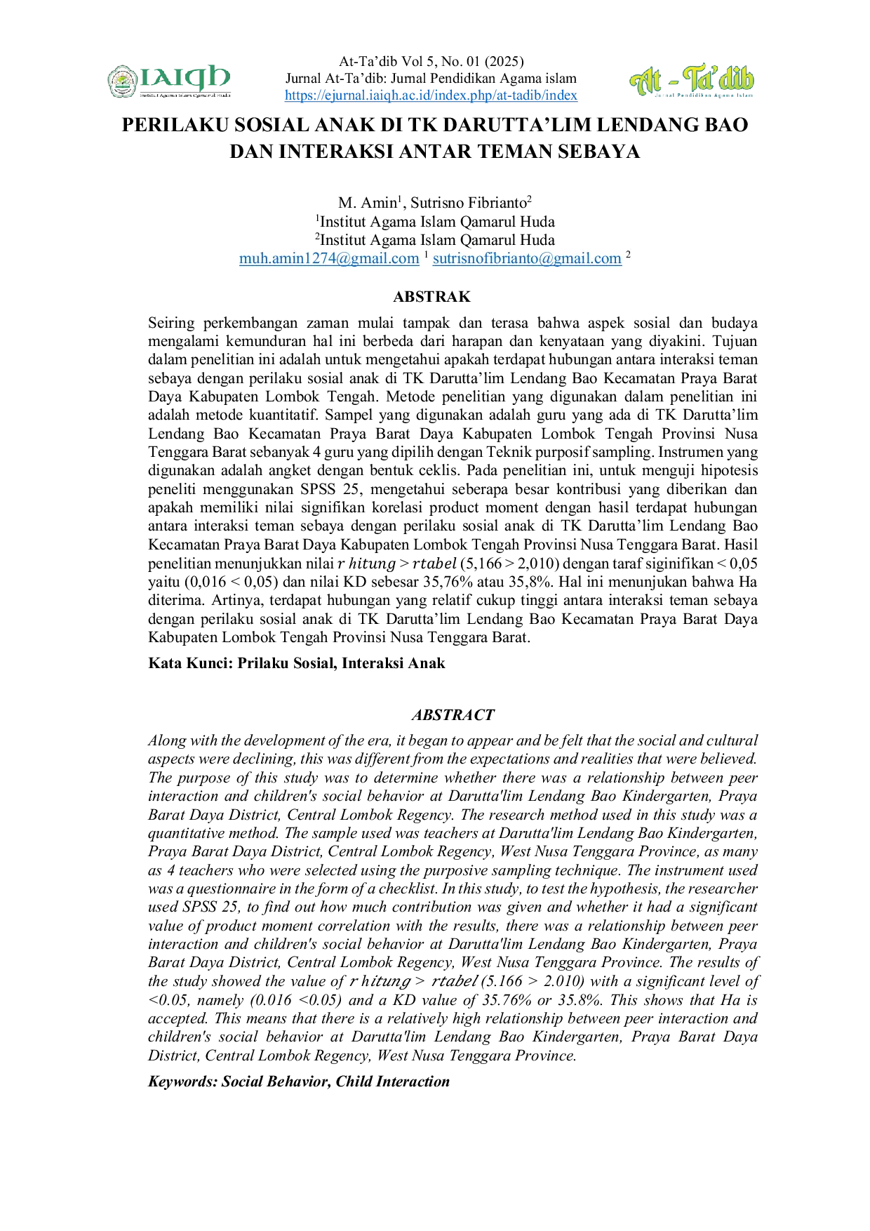 JURIS Perilaku Sosial Anak di Tk Darutta lim Lendang Bao dan Interaksi Antar Teman Sebaya