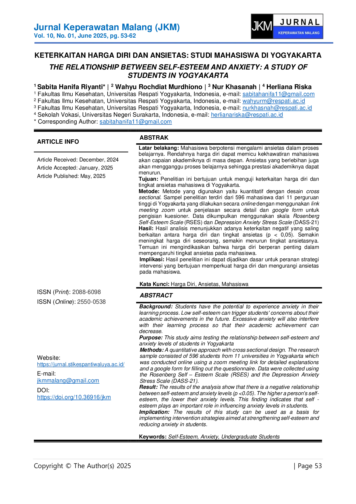 JURIS Keterkaitan Harga Diri dan Ansietas Studi Mahasiswa di Yogyakarta