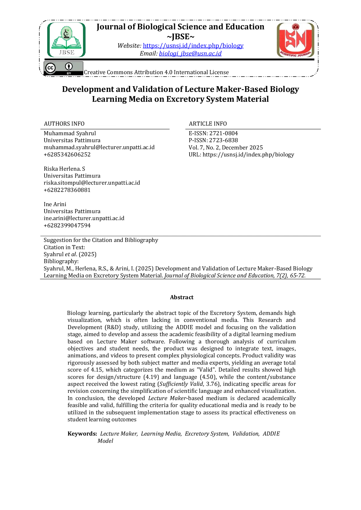 JURIS Development and Validation of Lecture Maker Based Biology Learning Media on Excretory System Material