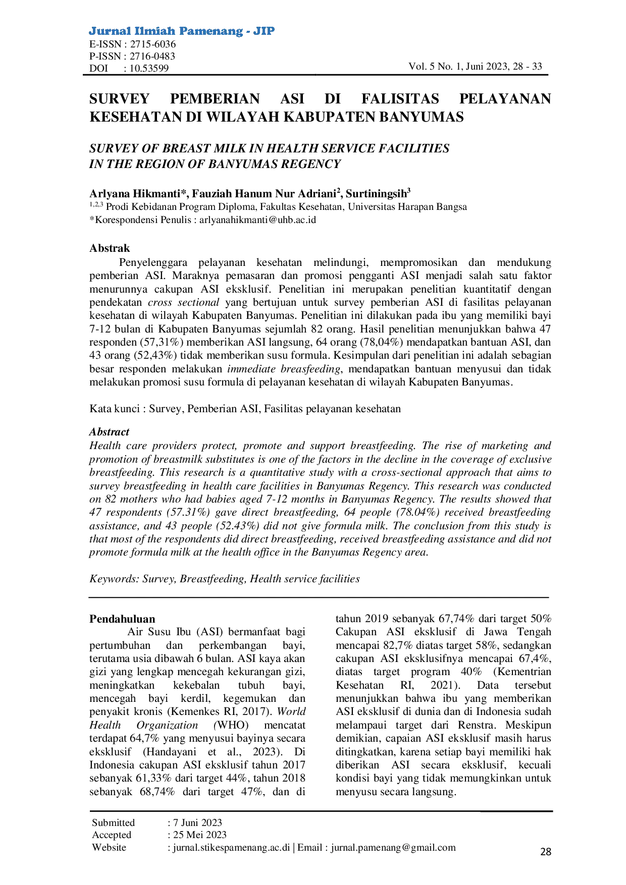 JURIS Survey Pemberian ASI Di Falisitas Pelayanan Kesehatan Di Wilayah Kabupaten Banyumas