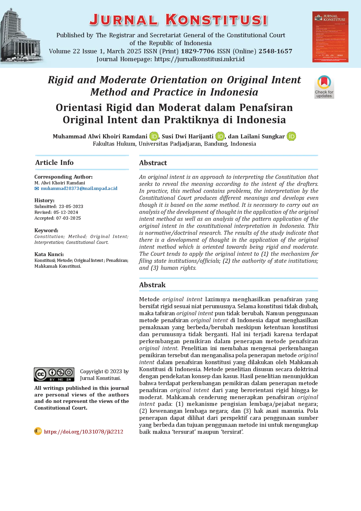 juris Orientasi Rigid dan Moderat dalam Penafsiran Original Intent dan Praktiknya di Indonesia Rigid and Moderate Orientation on Original Intent Method and Practice in Indonesia
