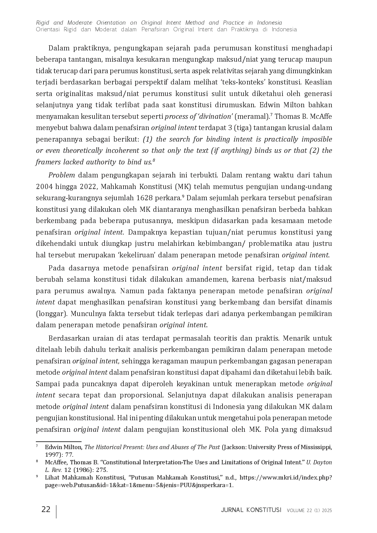 juris Orientasi Rigid dan Moderat dalam Penafsiran Original Intent dan Praktiknya di Indonesia Rigid and Moderate Orientation on Original Intent Method and Practice in Indonesia
