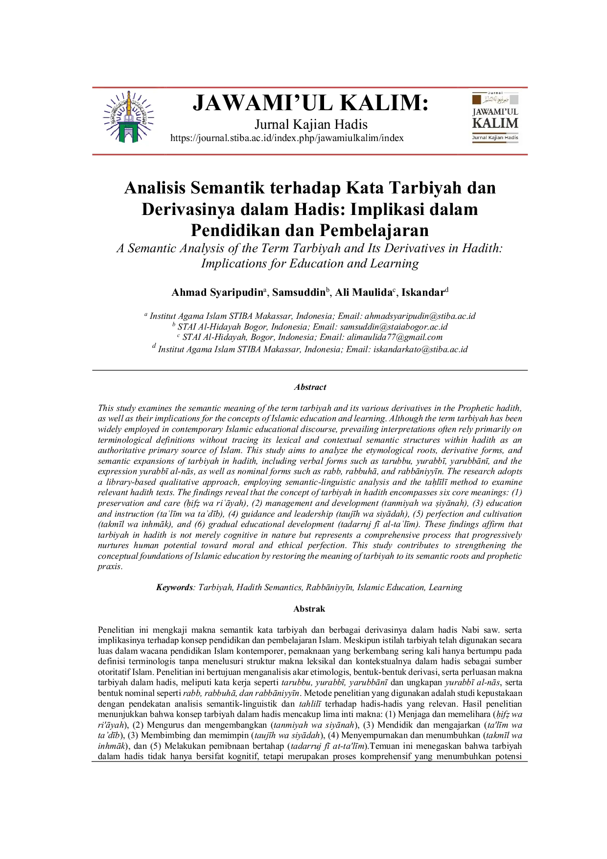 JURIS Analisis Semantik terhadap Kata Tarbiyah dan Derivasinya dalam Hadis Implikasi dalam Pendidikan dan Pembelajaran A Semantic Analysis of the Term Tarbiyah and Its Derivatives in Hadith Implications
