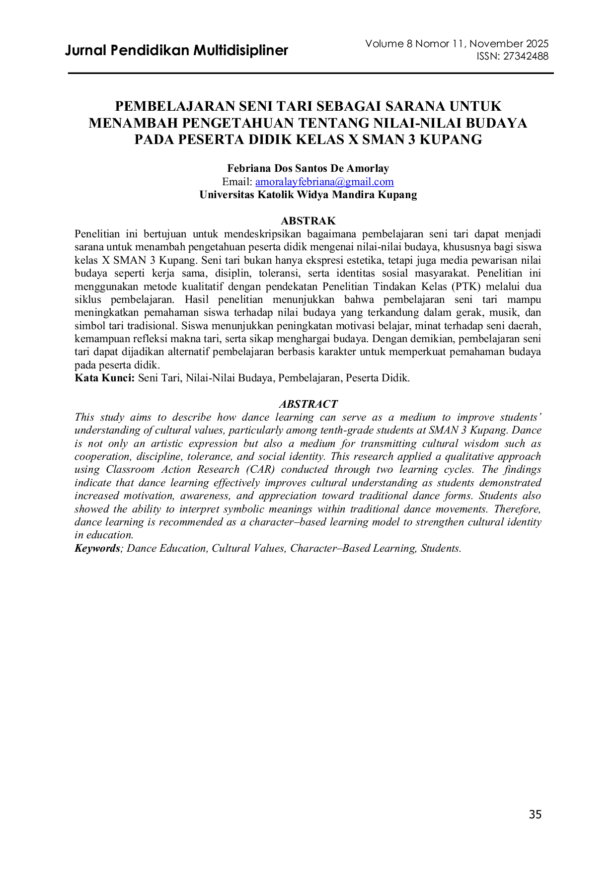 JURIS Pembelajaran Seni Tari Sebagai Sarana Untuk Menambah Pengetahuan Tentang Nilai Nilai Budaya Pada Peserta Didik Kelas X Sman 3 Kupang