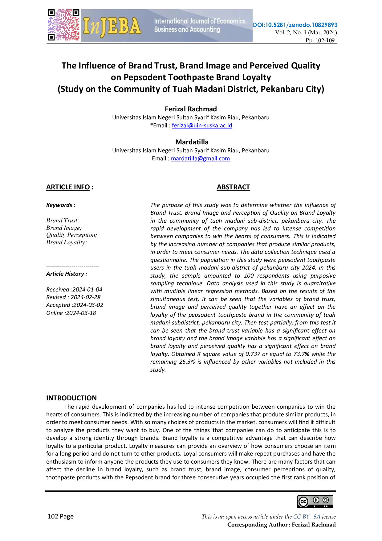 JURIS The Influence of Brand Trust Brand Image and Perceived Quality on Pepsodent Toothpaste Brand Loyalty Study on the Community of Tuah Madani District Pekanbaru City