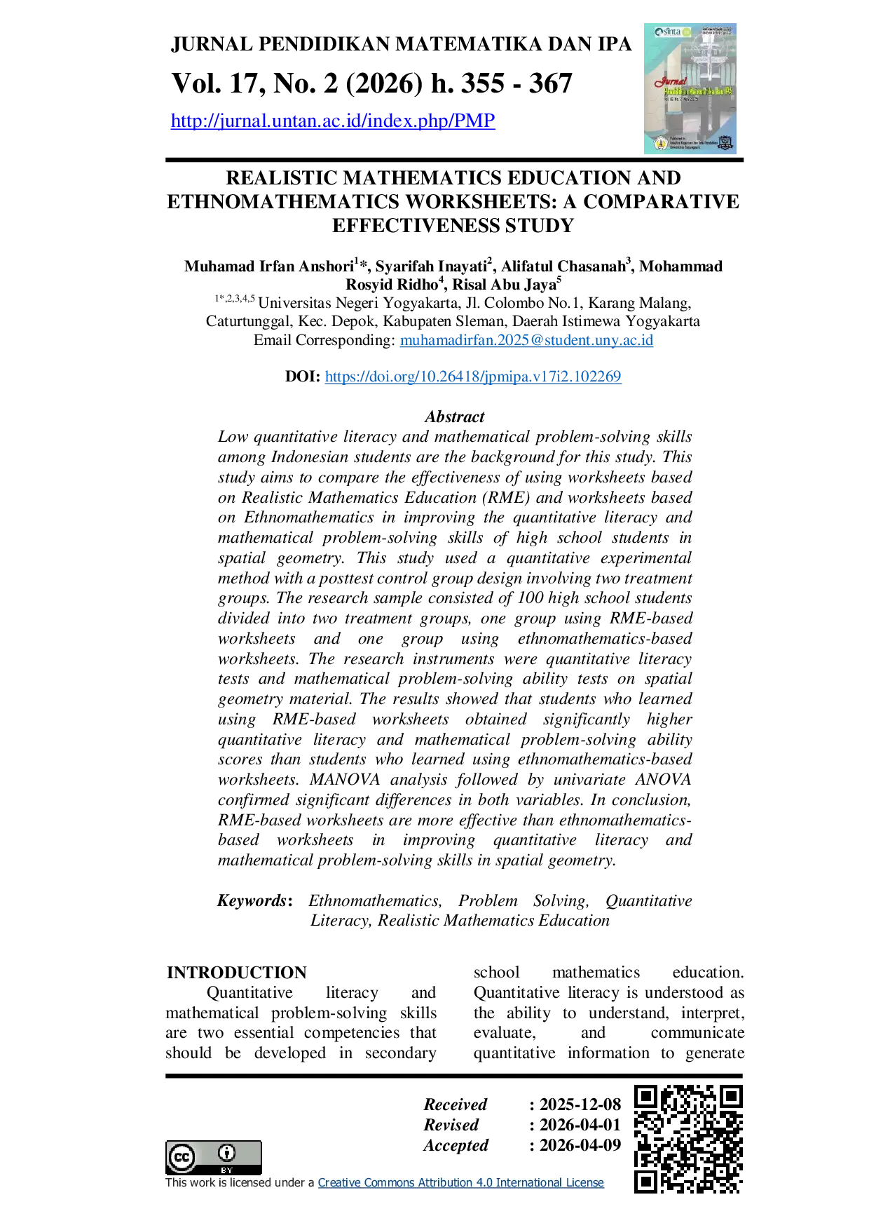 JURIS Realistic Mathematics Education and Ethnomathematics Worksheets A Comparative Effectiveness Study