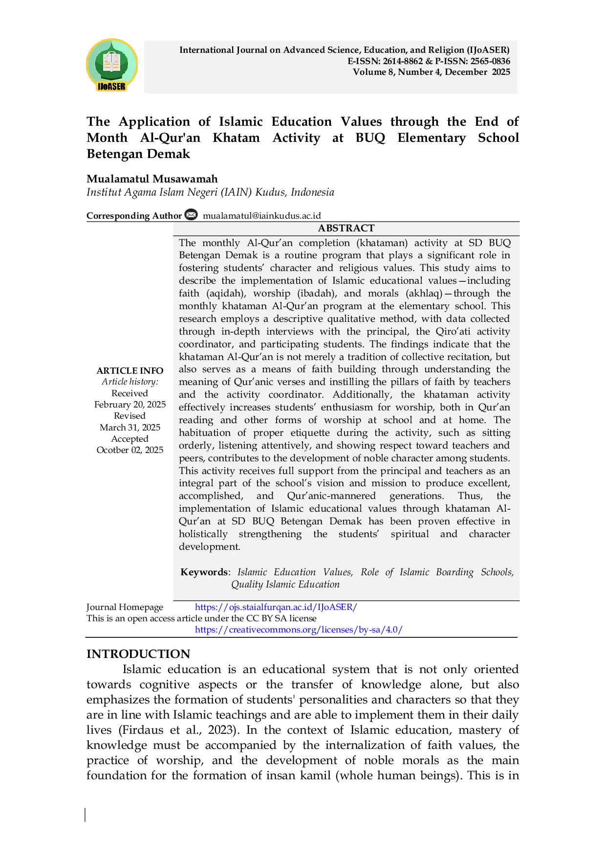 JURIS The Application of Islamic Education Values through the End of Month Al Qur an Khatam Activity at BUQ Elementary School Betengan Demak
