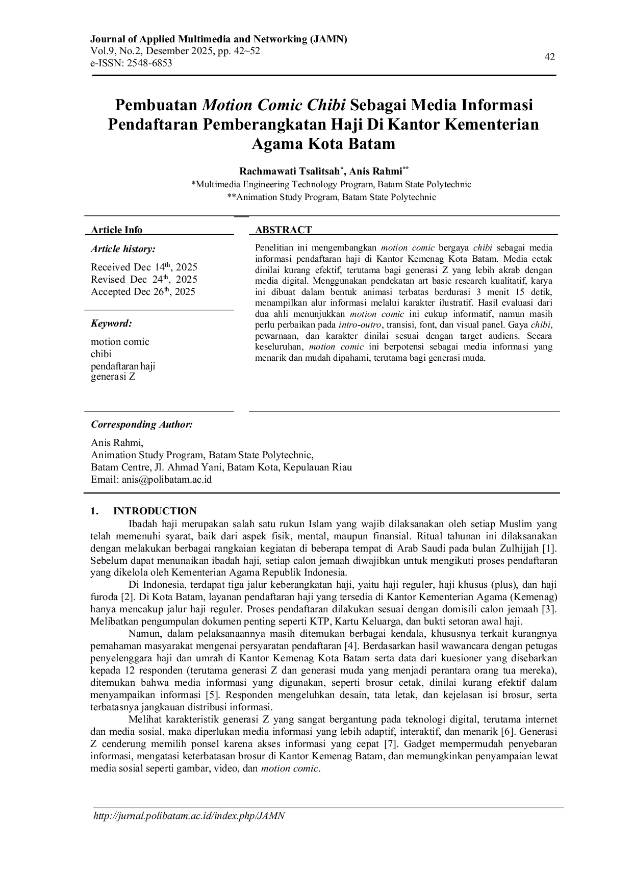 JURIS Creation of Chibi Motion Comic as an Information Media for Hajj Departure Registration at the Ministry of Religious Affairs Office in Batam City