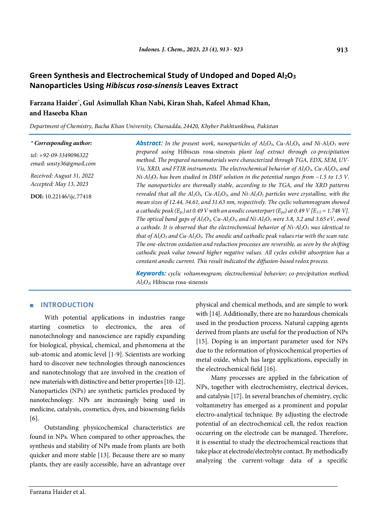 JURIS Green Synthesis and Electrochemical Study of Undoped and Doped Al 2 O 3 Nanoparticles Using Hibiscus rosa sinensis Leaves Extract