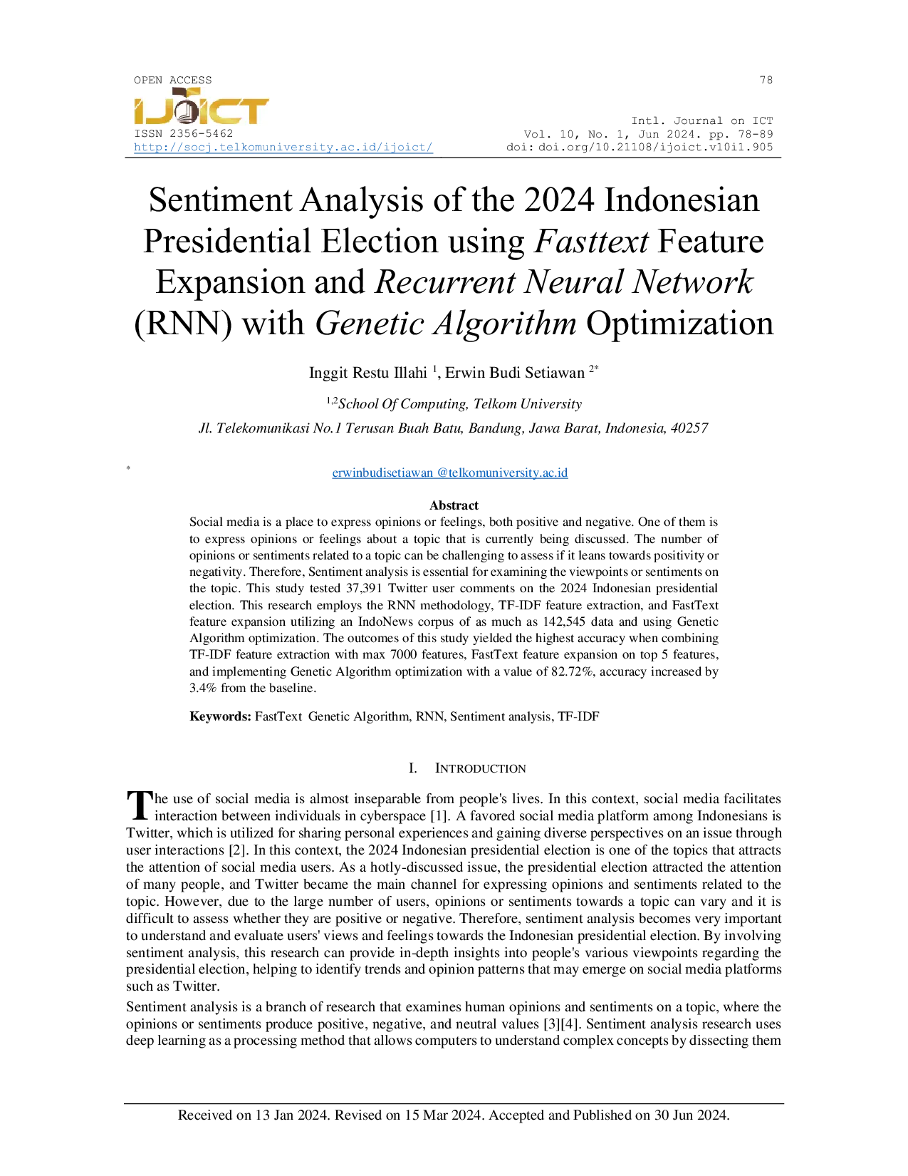 JURIS Sentiment Analysis on Social Media Using Fasttext Feature Expansion and Recurrent Neural Network RNN with Genetic Algorithm Optimization