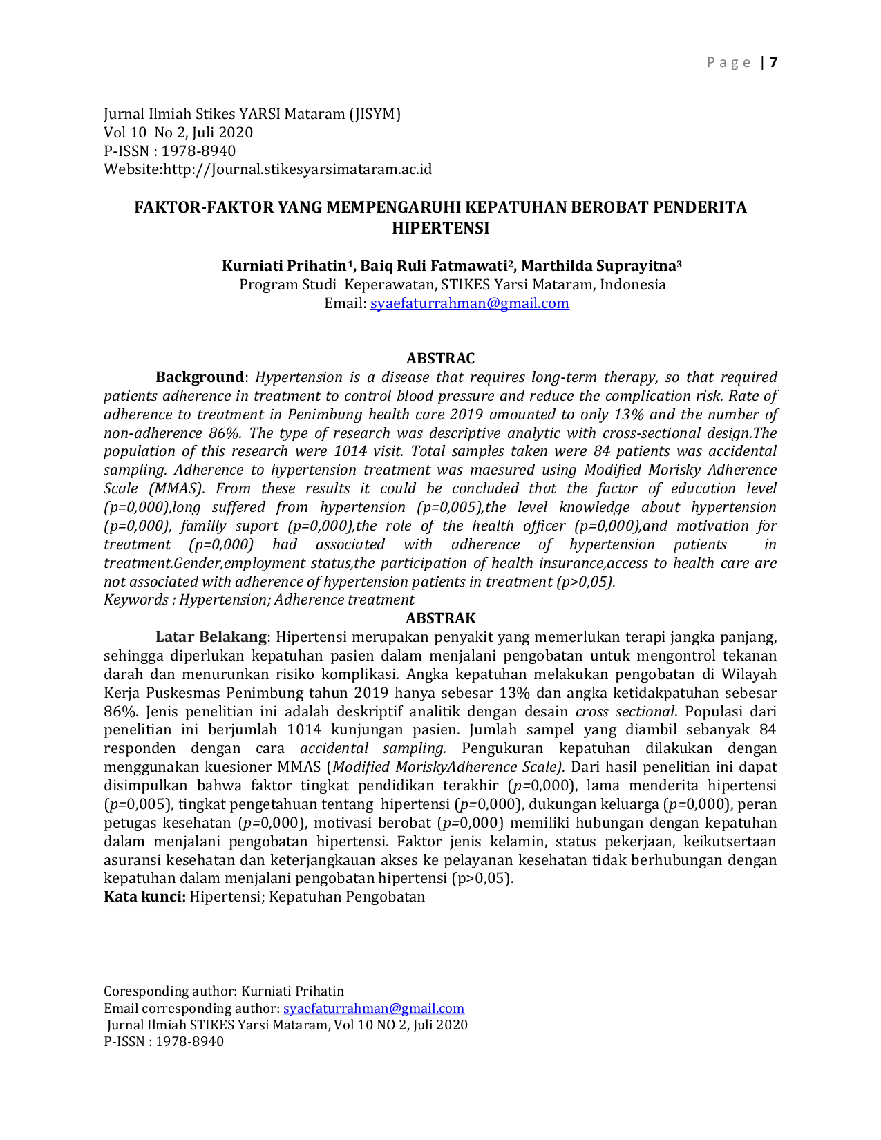 JURIS Faktor Faktor Yang Mempengaruhi Kepatuhan Berobat Penderita Hipertensi