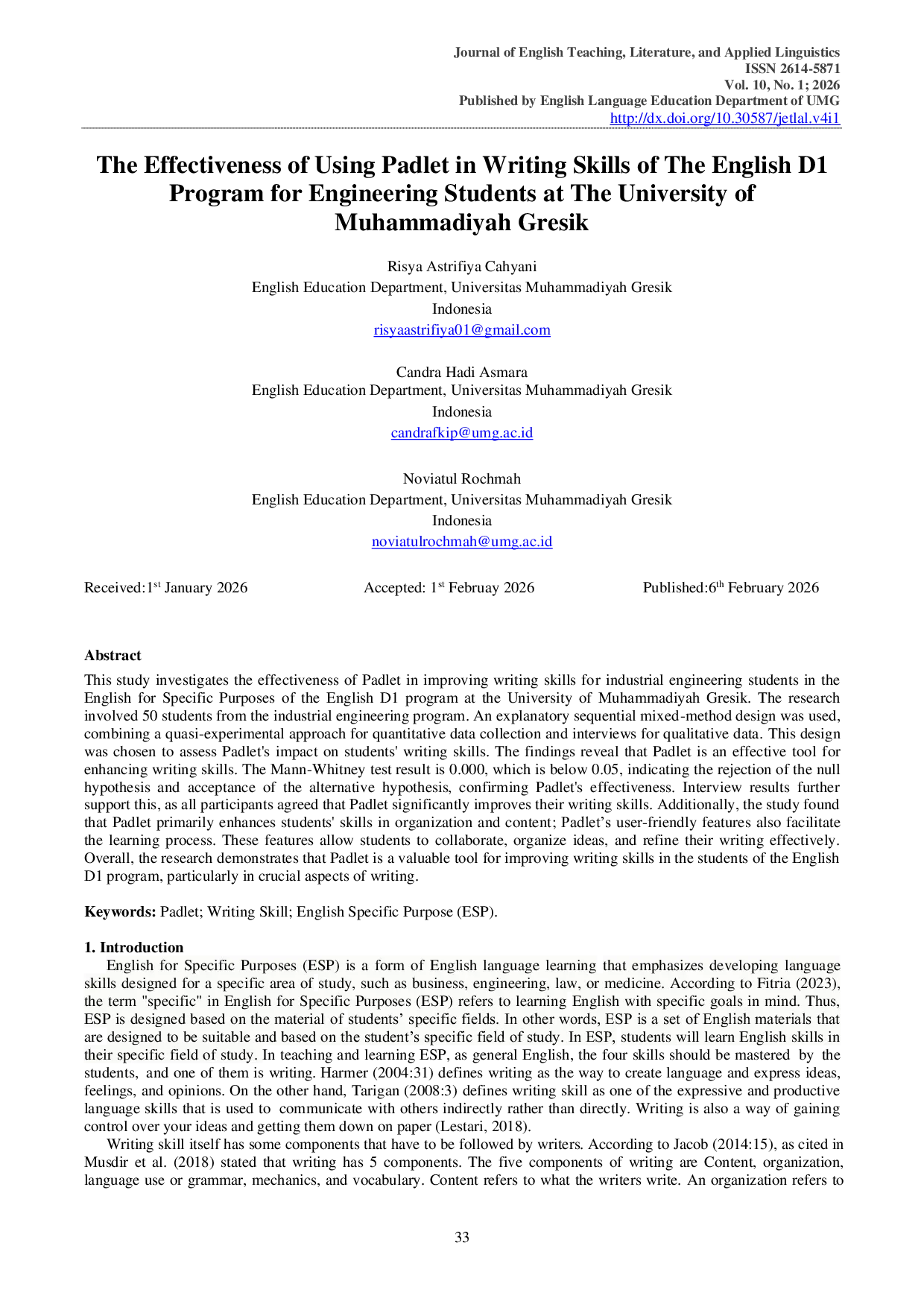 JURIS The Effectiveness of Using Padlet in Writing Skills of The English D1 Program for Engineering Students at The University of Muhammadiyah Gresik