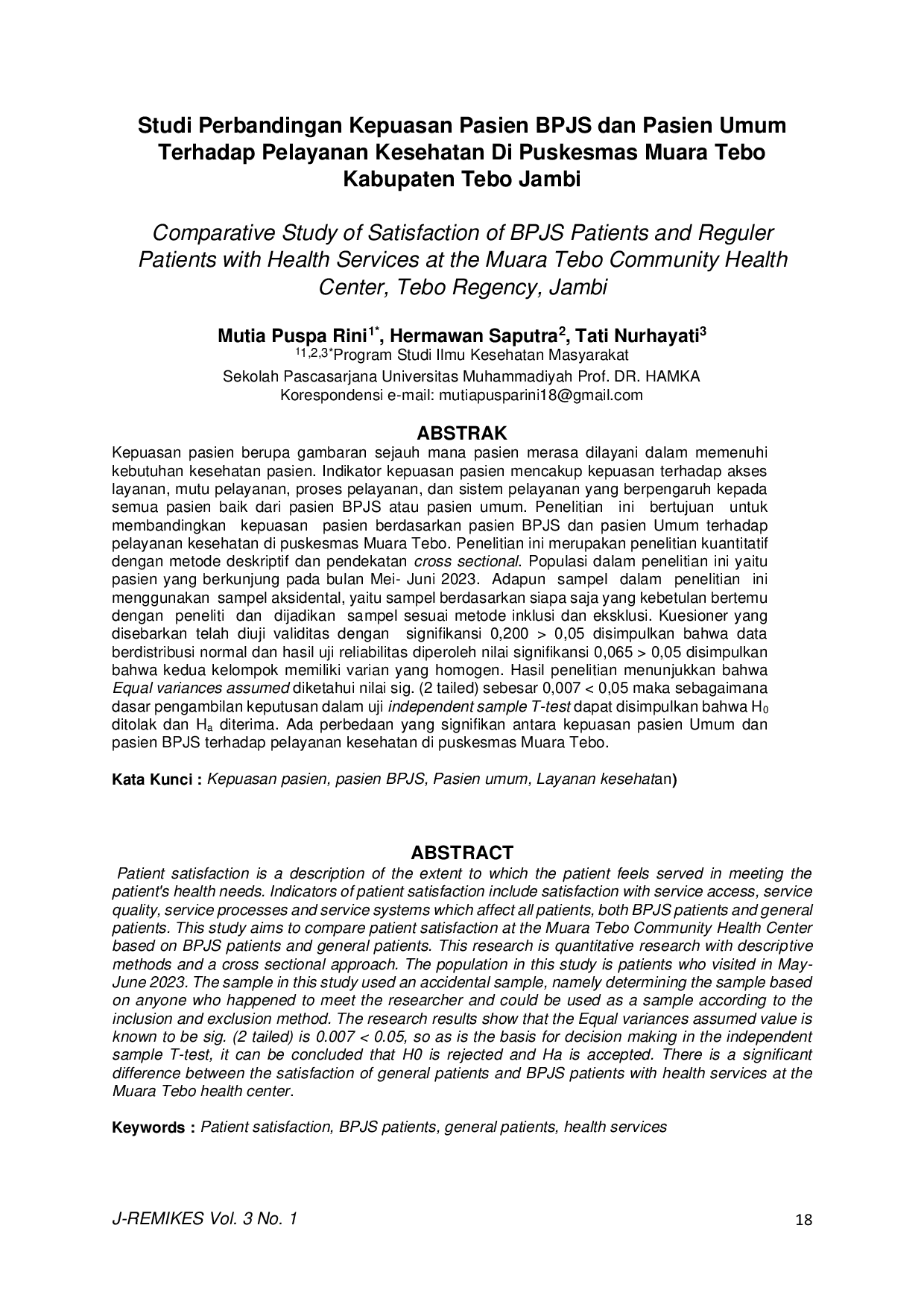 JURIS Studi Perbandingan Kepuasan Pasien BPJS dan Pasien Umum Terhadap Pelayanan Kesehatan Di Puskesmas Muara Tebo Kabupaten Tebo Jambi