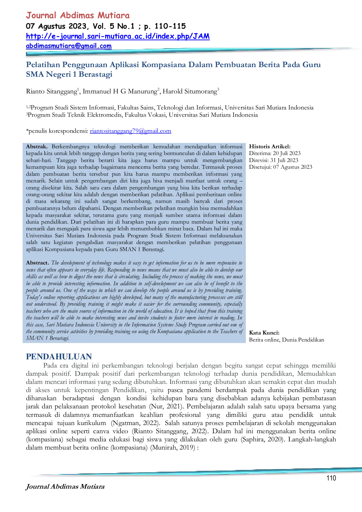 JURIS Pelatihan Penggunaan Aplikasi Kompasiana Dalam Pembuatan Berita Pada Guru SMA Negeri 1 Berastagi