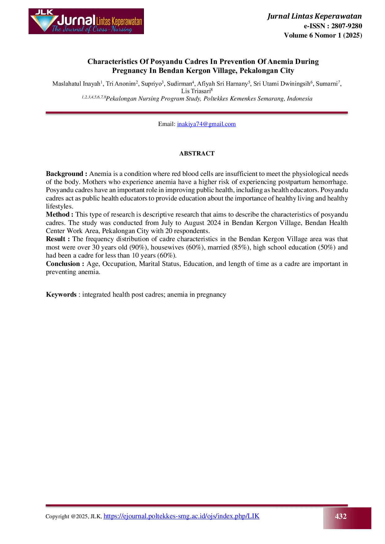 JURIS Karakteristik Kader Posyandu Pada Pencegahan Anemia Dalam Kehamilan Di Kelurahan Bendan Kergon Kota Pekalongan
