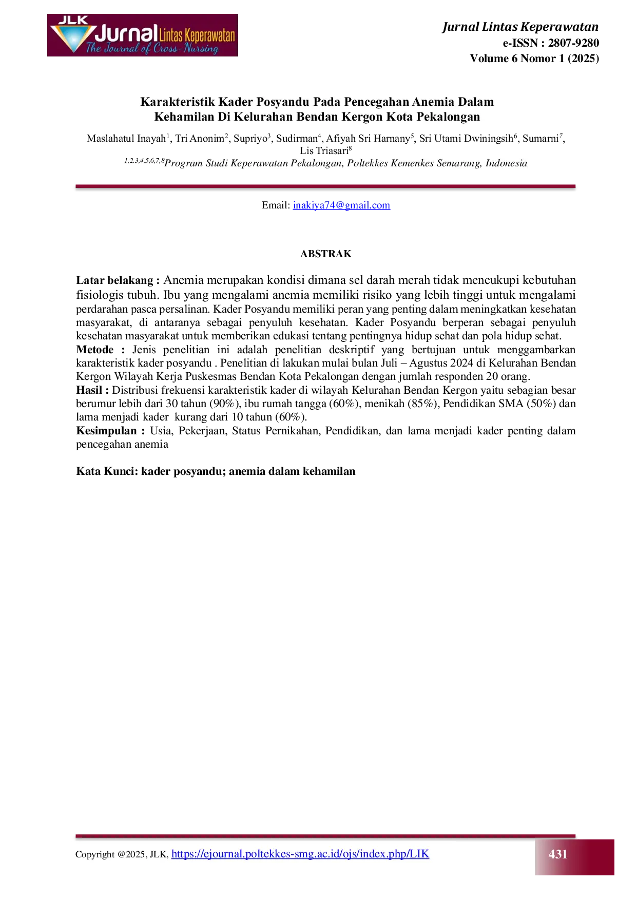JURIS Karakteristik Kader Posyandu Pada Pencegahan Anemia Dalam Kehamilan Di Kelurahan Bendan Kergon Kota Pekalongan