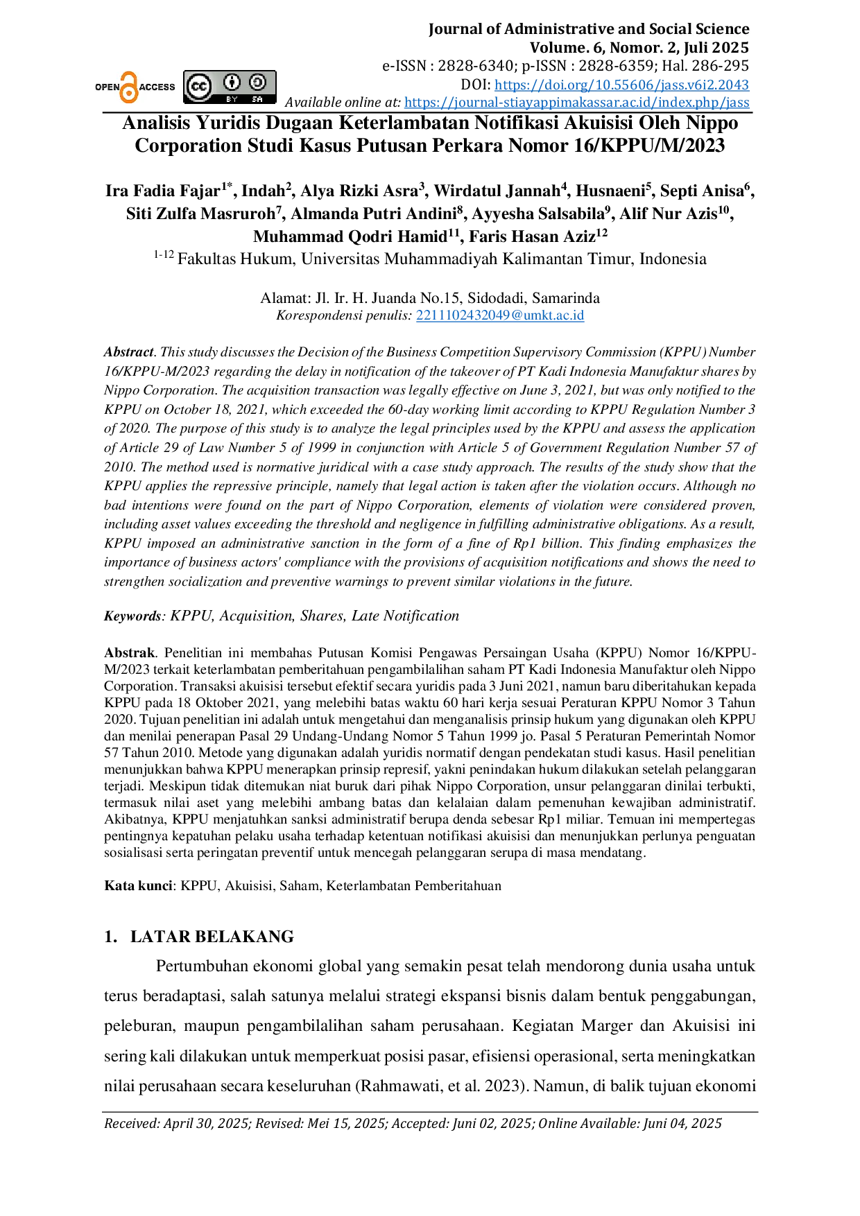 JURIS Analisis Yuridis Dugaan Keterlambatan Notifikasi Akuisisi Oleh Nippo Corporation Studi Kasus Putusan Perkara Nomor 16 KPPU M 2023