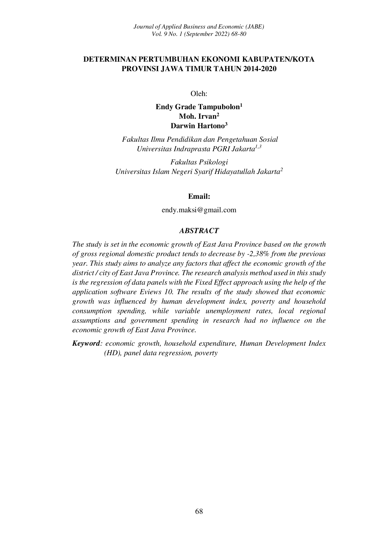 JURIS Determinan Pertumbuhan Ekonomi Kabupaten Kota Provinsi Jawa Timur Tahun 2014 2020