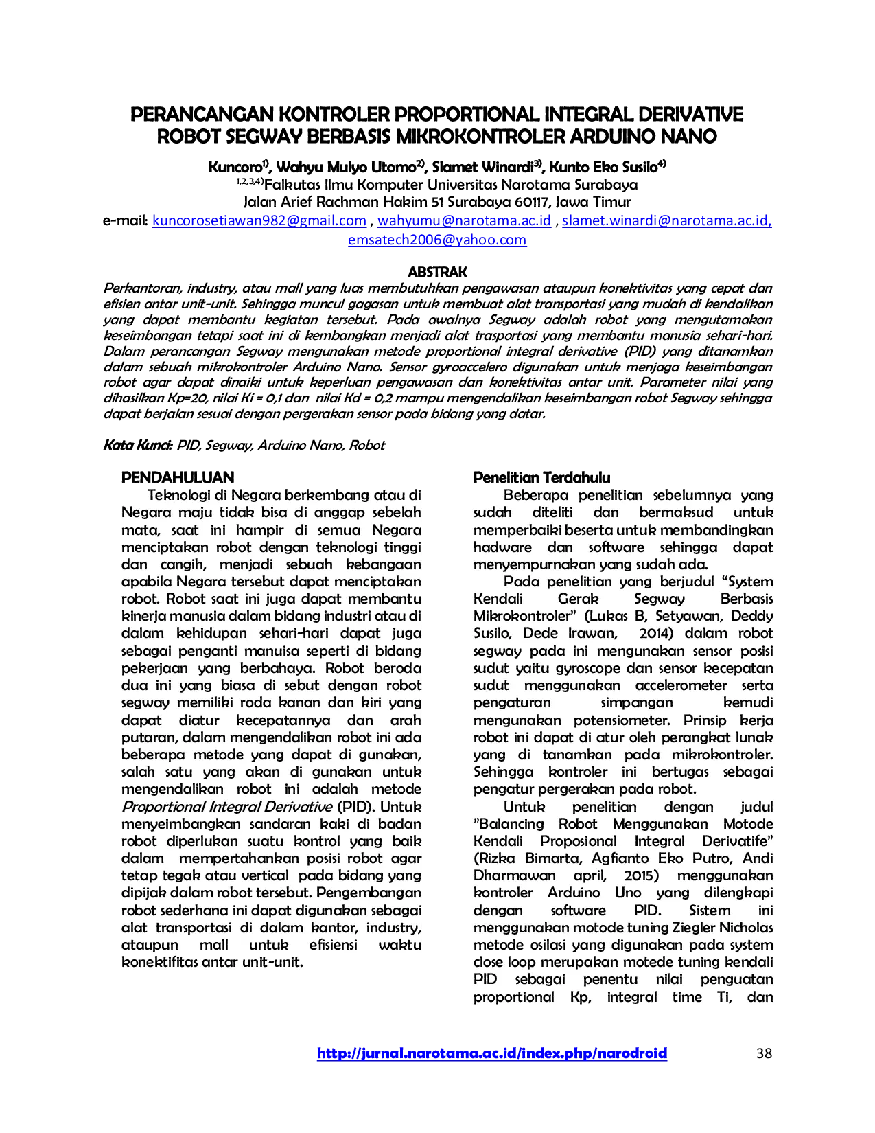 JURIS Perancangan Kontroler Proportional Integral Derivative Robot Segway Berbasis Mikrokontroler Arduino Nano