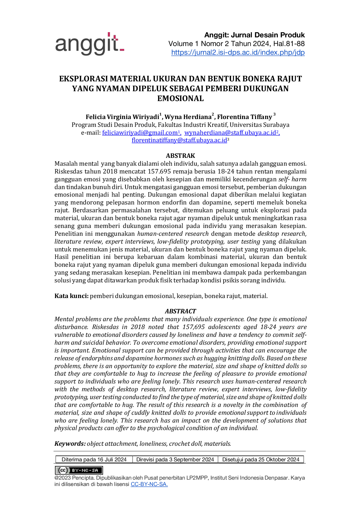 JURIS Eksplorasi Material Ukuran dan Bentuk Boneka Rajut yang Nyaman Dipeluk Sebagai Pemberi Dukungan Emosional