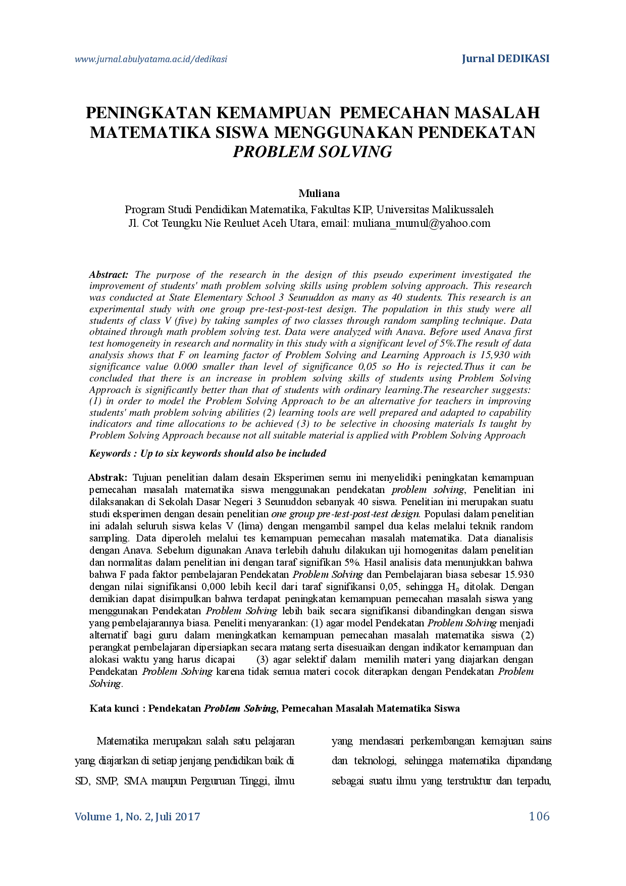 juris Peningkatan Kemampuan Pemecahan Masalah Matematika Siswa Menggunakan Pendekatan Problem Solving