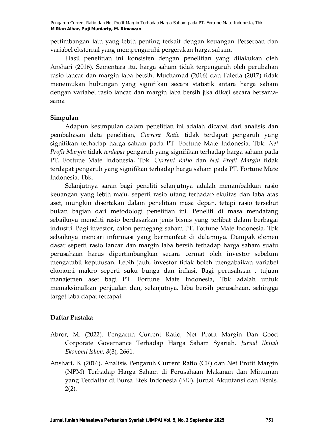 JURIS Pengaruh Current Ratio dan Net Profit Margin Terhadap Harga Saham pada PT Fortune Mate Indonesia Tbk