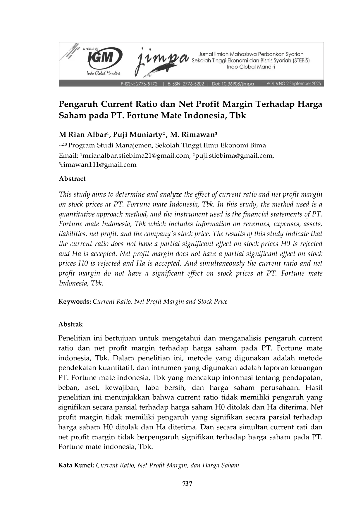 JURIS Pengaruh Current Ratio dan Net Profit Margin Terhadap Harga Saham pada PT Fortune Mate Indonesia Tbk