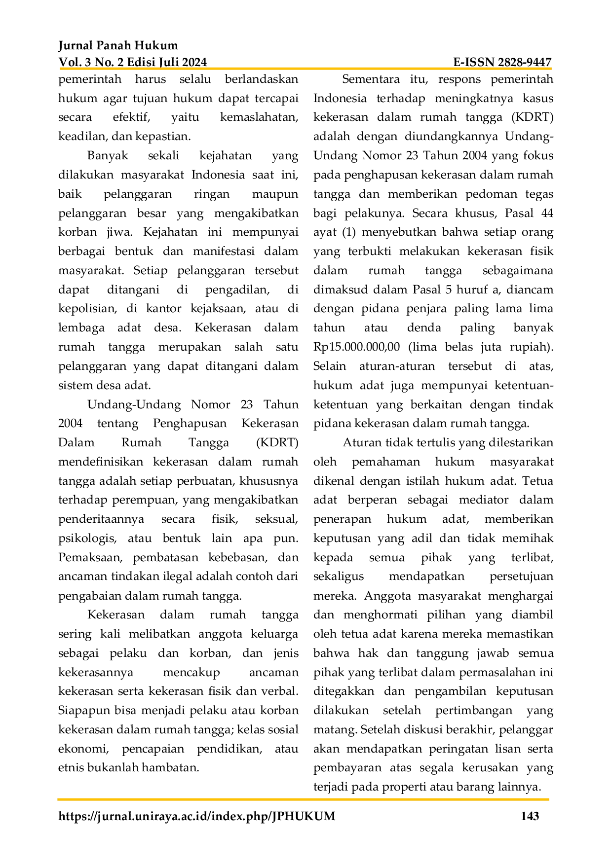 JURIS Mekanisme Penyelesaian Tindak Pidana Kekerasan Dalam Rumah Tangga Secara Hukum Adat Di Desa Bonia Hilisimaetano Kecamatan Maniamolo Kabupaten Nias Selatan