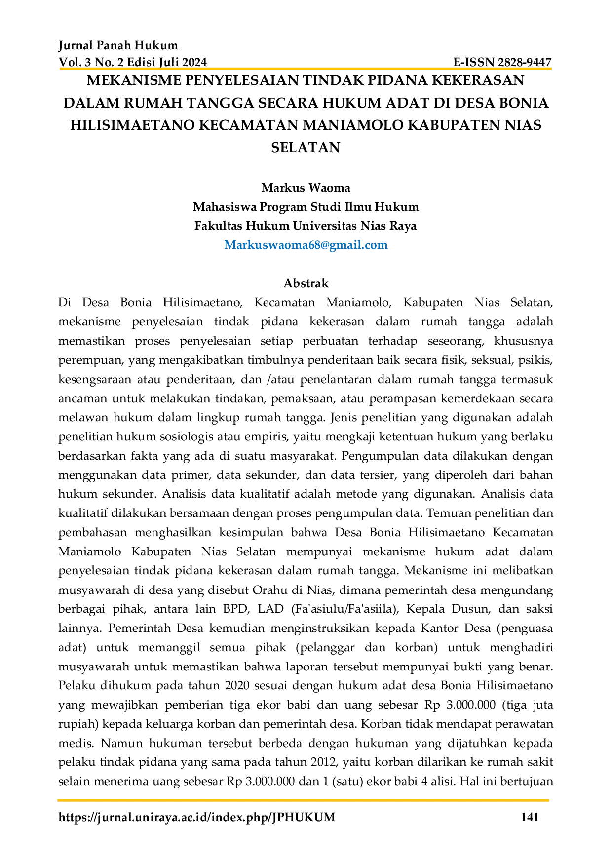 JURIS Mekanisme Penyelesaian Tindak Pidana Kekerasan Dalam Rumah Tangga Secara Hukum Adat Di Desa Bonia Hilisimaetano Kecamatan Maniamolo Kabupaten Nias Selatan