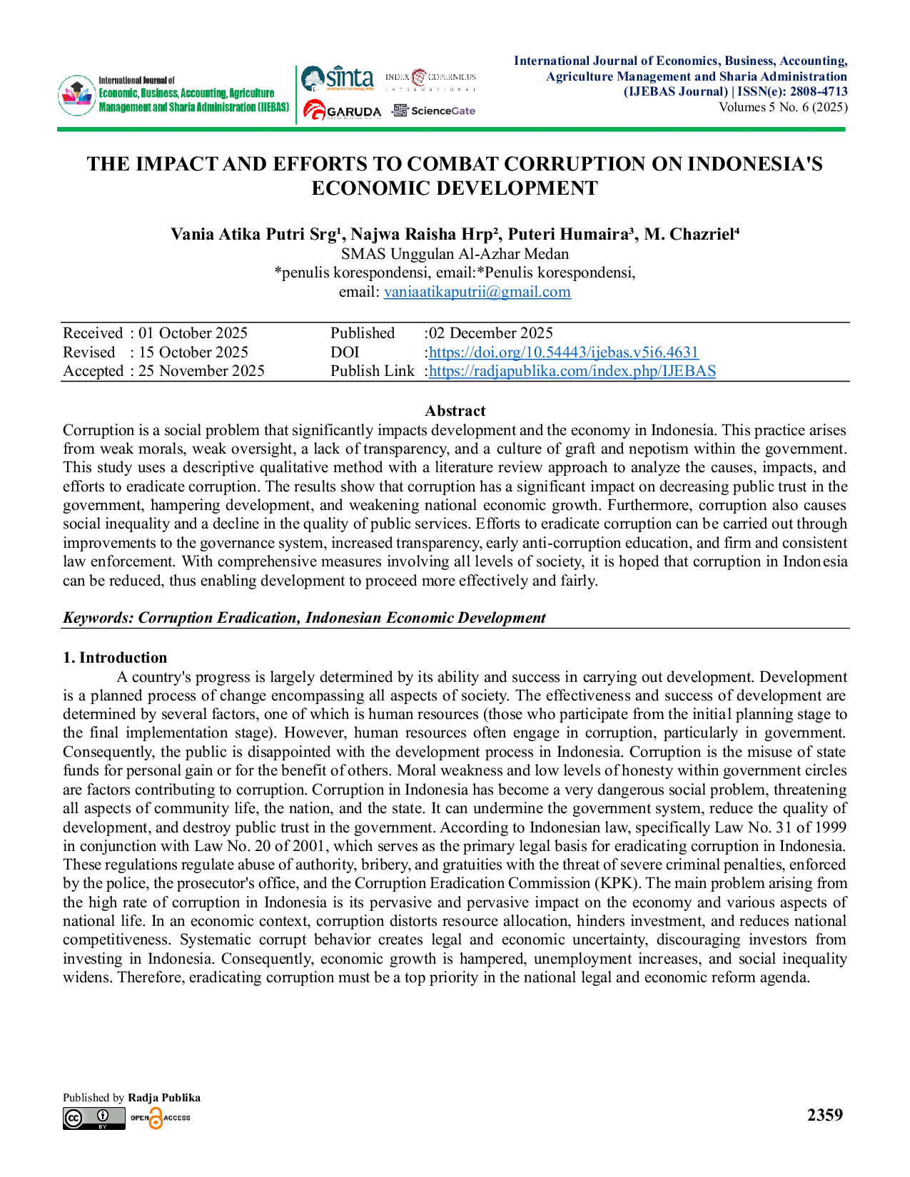 JURIS The Impact and Efforts to Combat Corruption on Indonesia s Economic Development